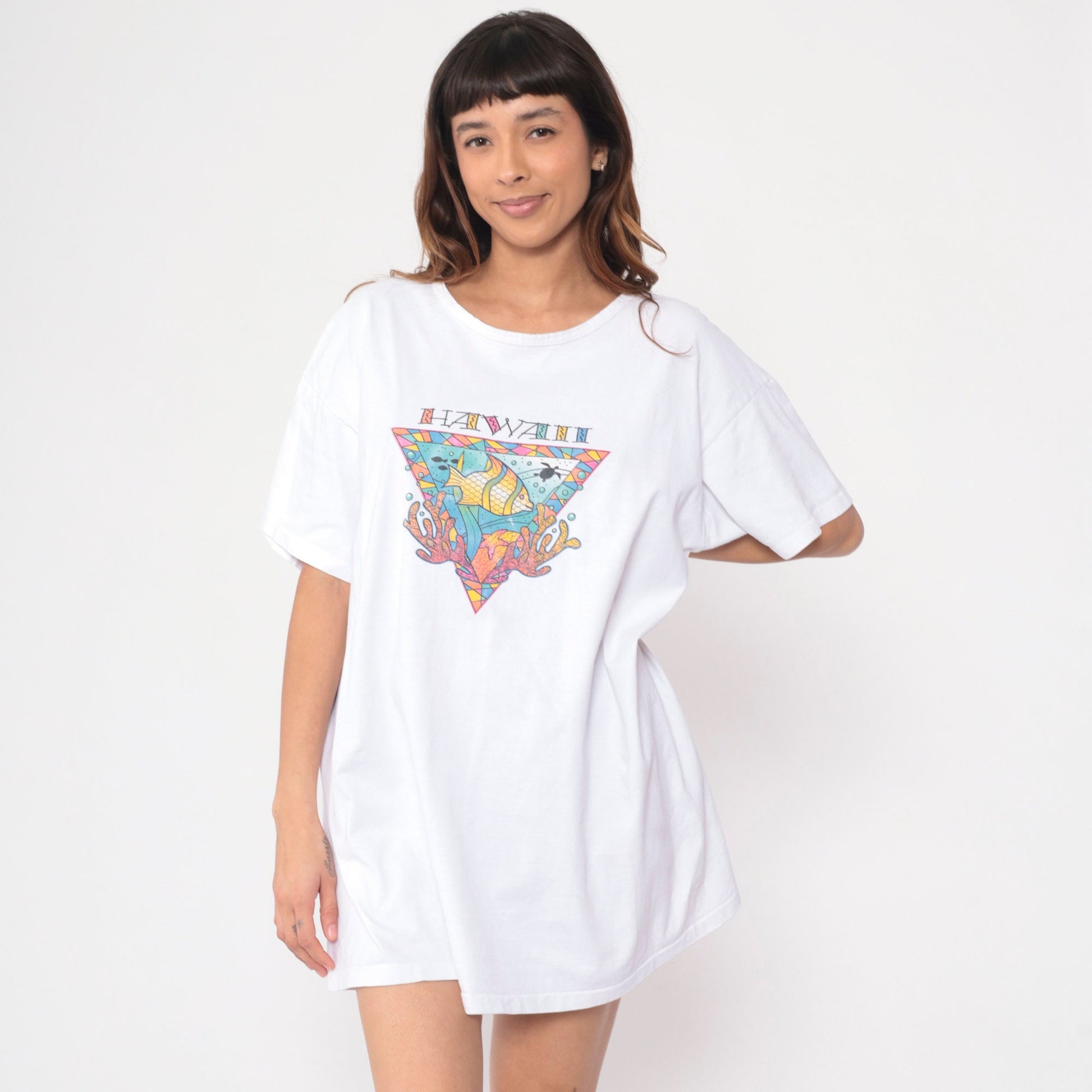 90s Hawaii Tropical Fish Turtle Graphic T-Shirt Dress Extra Large XL