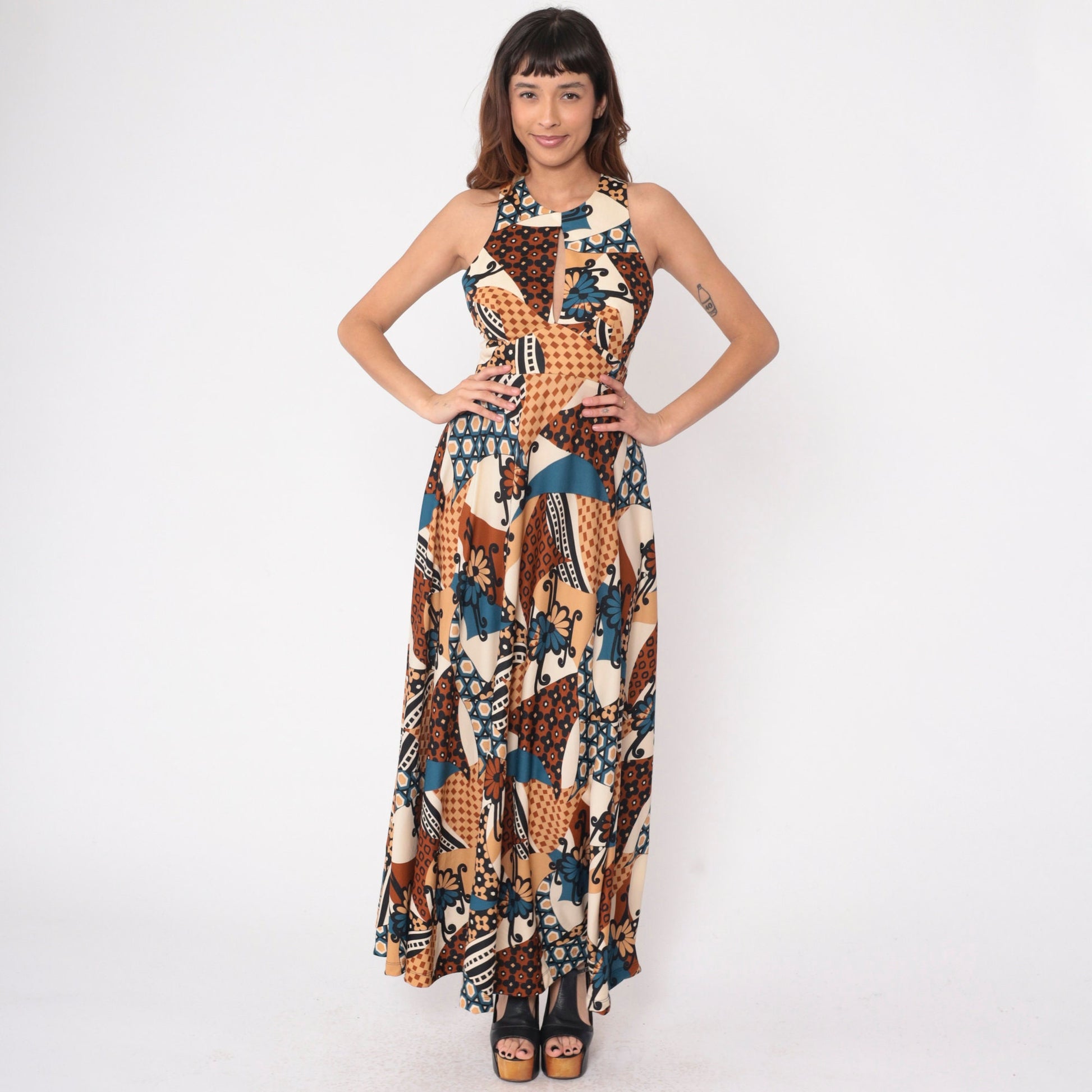 70s Abstract Floral Patchwork Maxi Dress Keyhole Racerback Sleeveless Extra Small