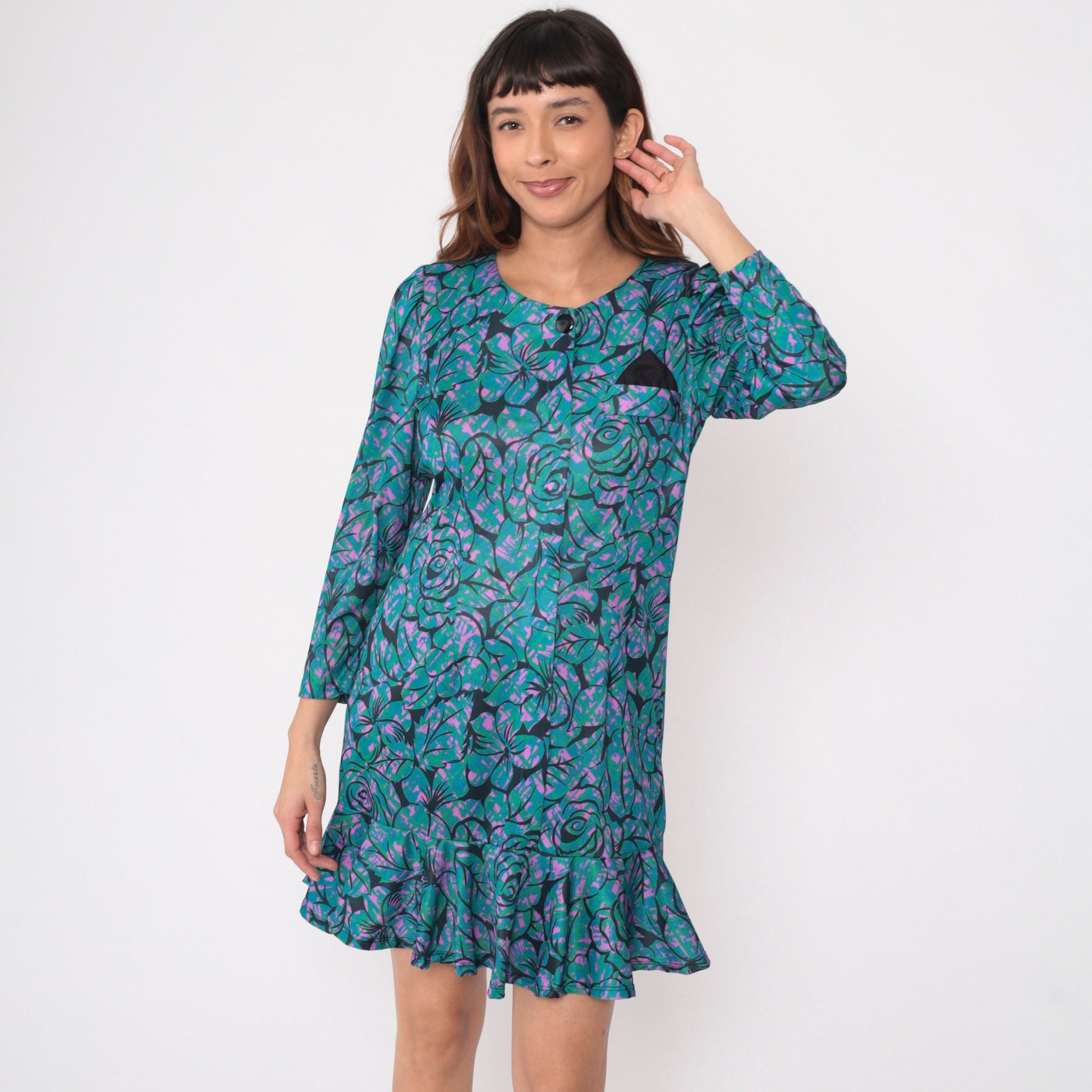 80s Floral Mini Dress Puff Sleeve Drop Waist Black Tropical Print Medium