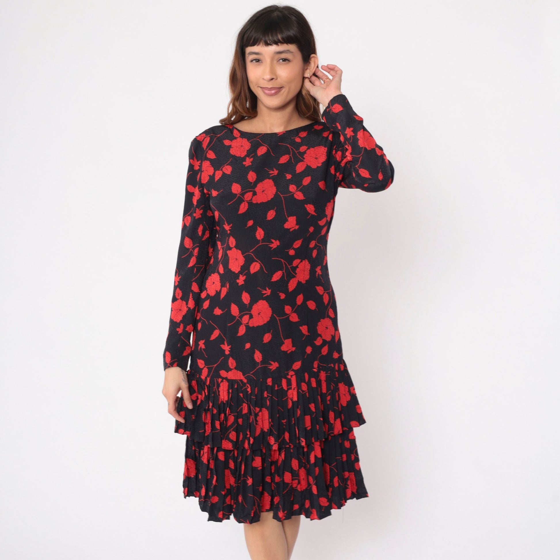 90s Liz Claiborne Black Floral Dress Red Flowers Low V Back Knee Length Medium