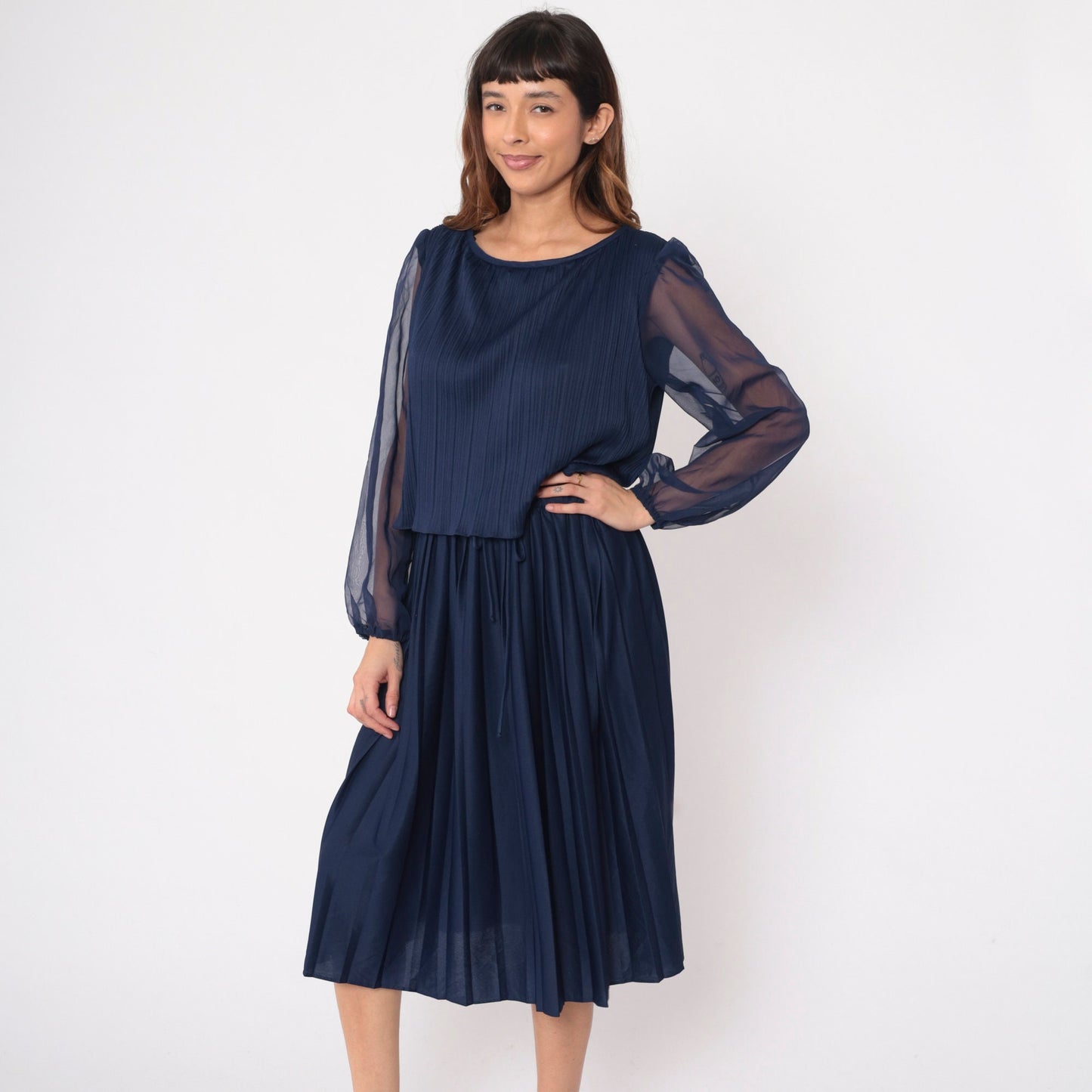 70s Navy Pleated Midi Dress Layered Bodice Sheer Chiffon Sleeves Large L