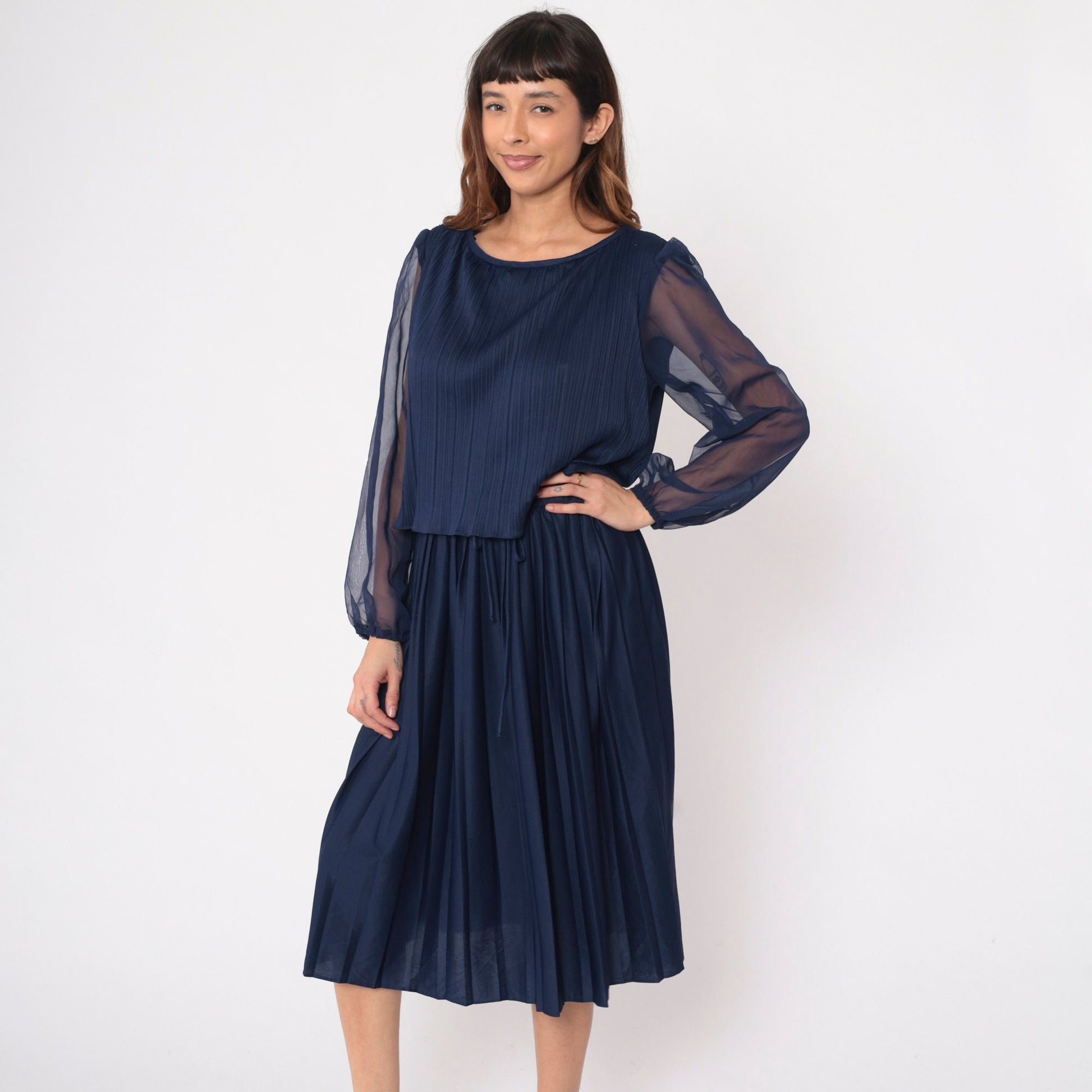 70s Navy Pleated Midi Dress Layered Bodice Sheer Chiffon Sleeves Large L