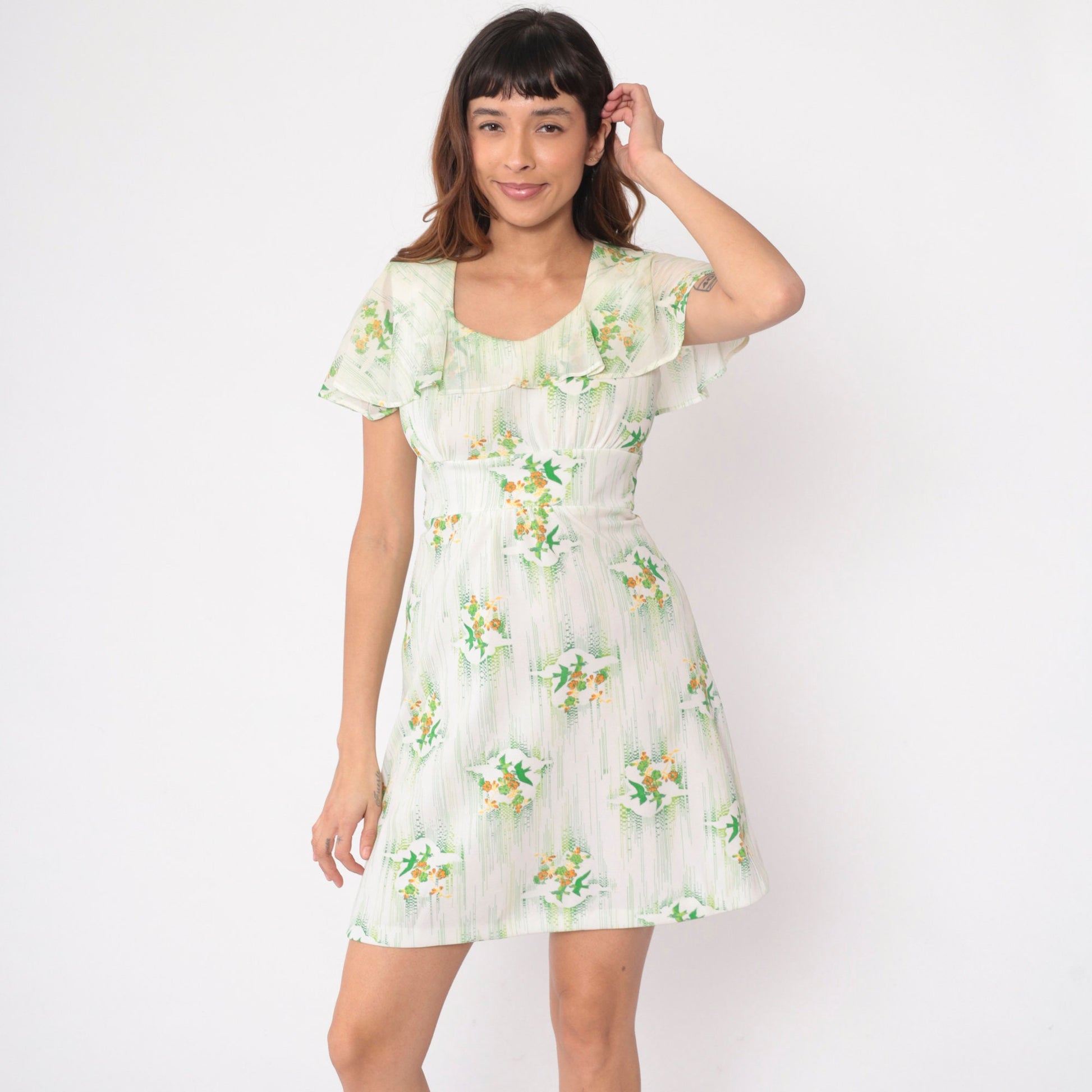 70s Babydoll Mini Dress Floral Bird Print Empire Waist Flutter Sleeve Small