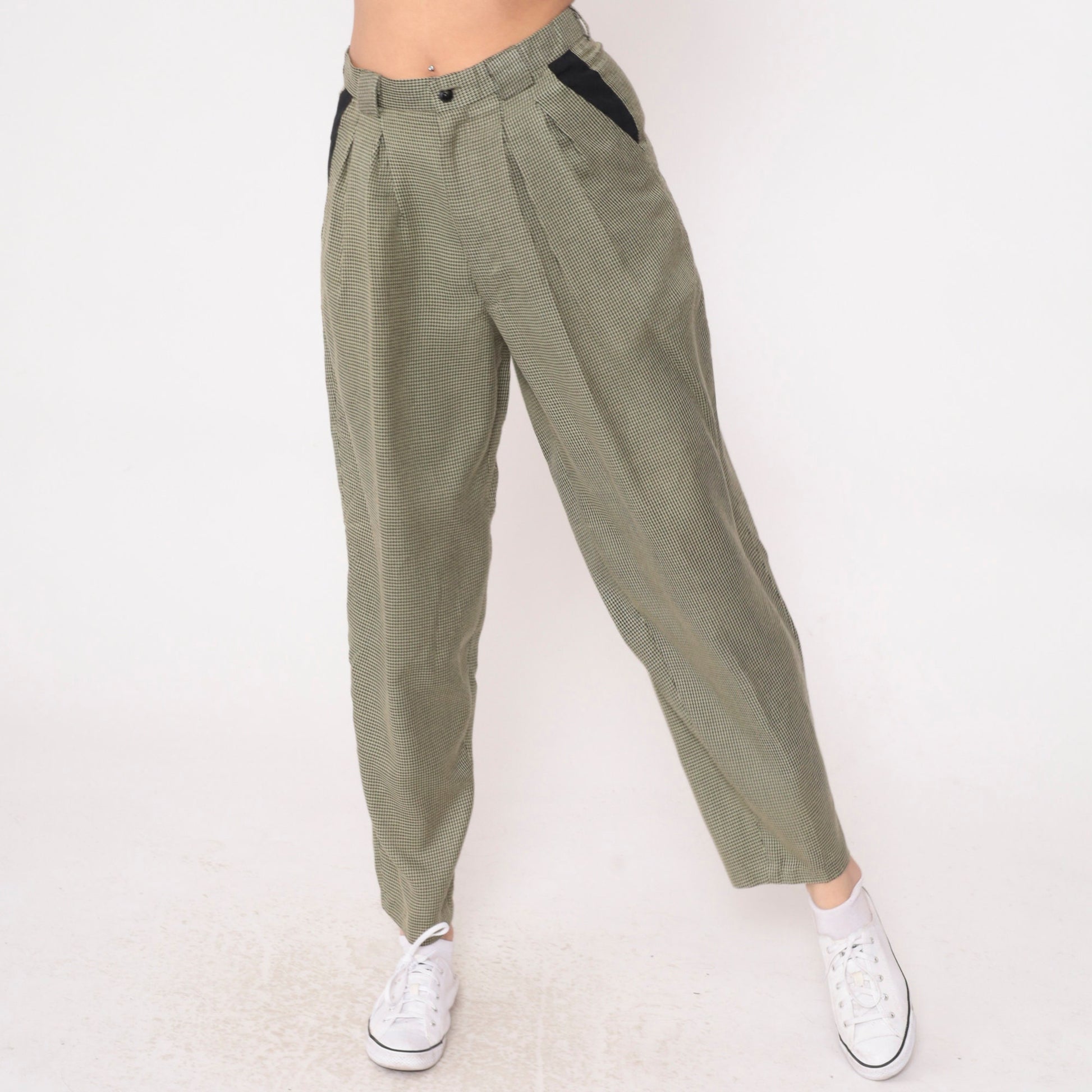 80s Houndstooth Tapered Trousers High Waist Pleated Black Yellow Small