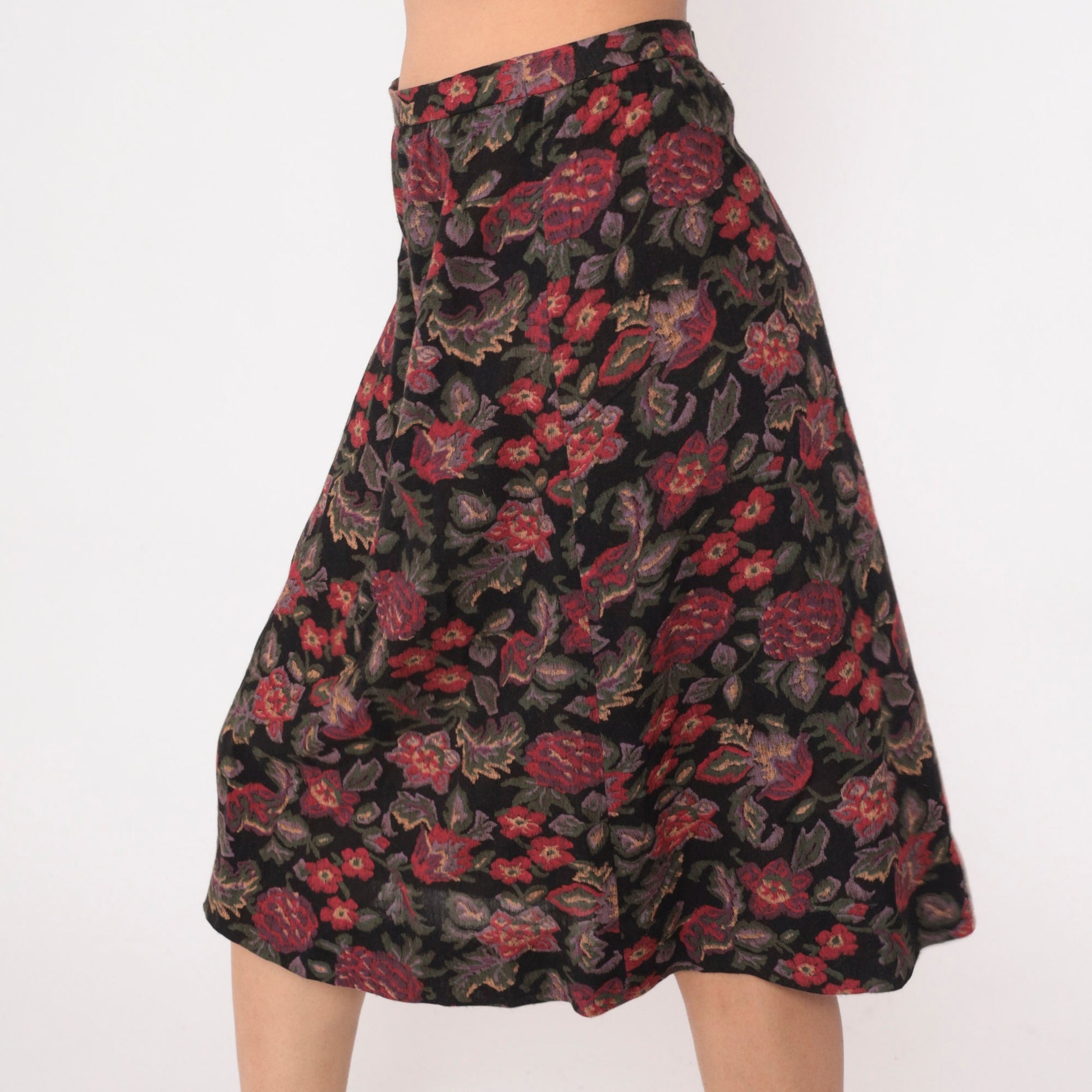80s Floral Midi Skirt High Waisted Straight Pencil Black Red Green Small