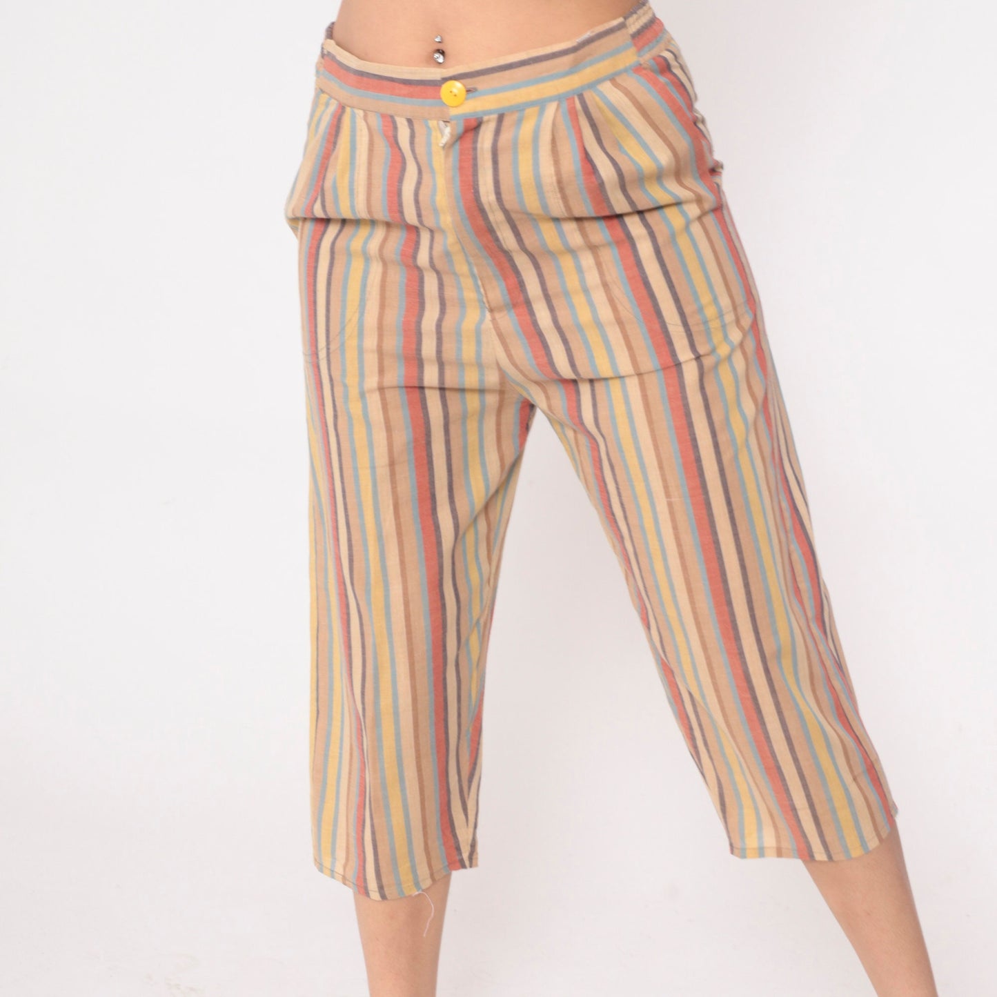 70s Striped High-Waisted Capri Pants Multicolour Cropped Trousers Small
