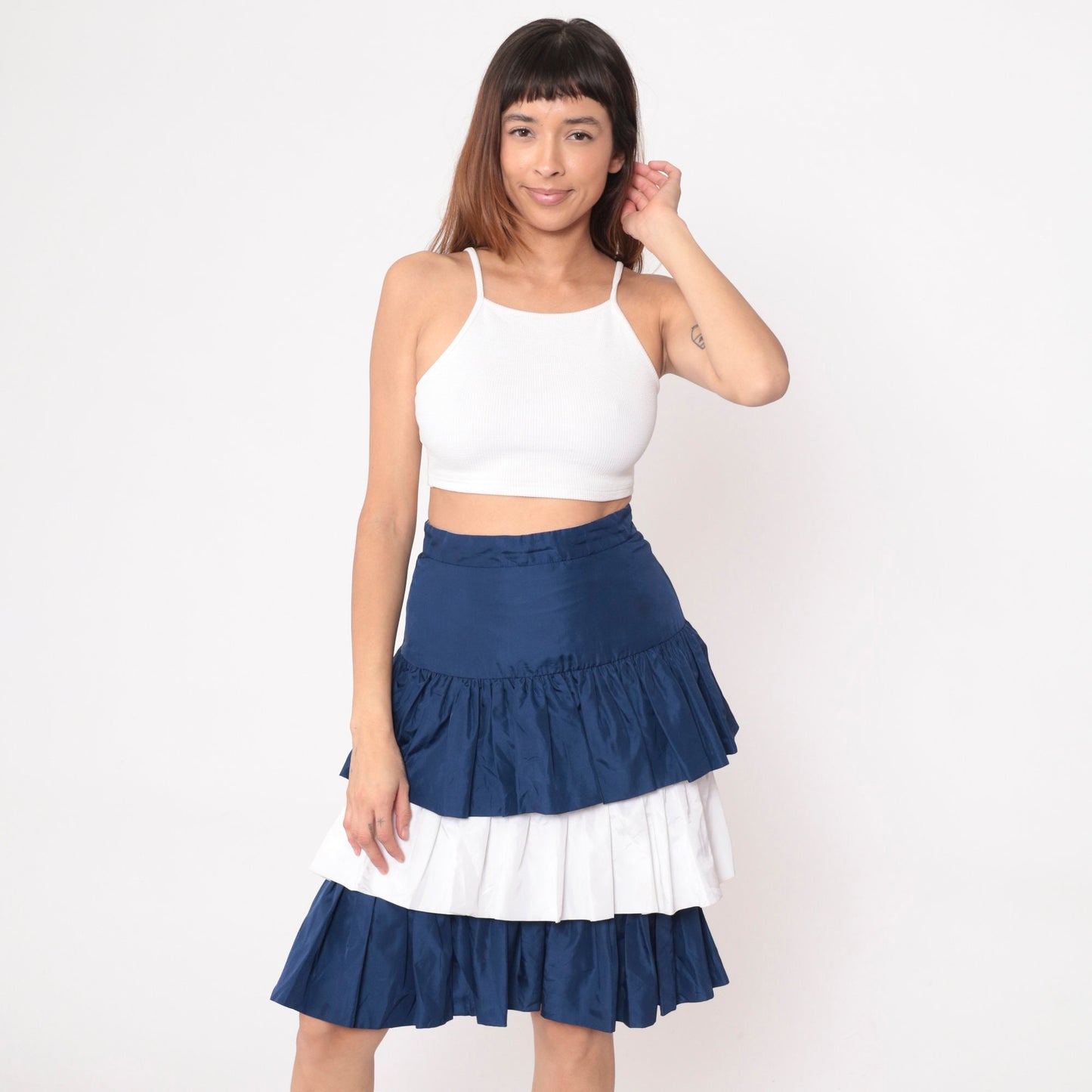 90s Tiered Midi Skirt Dark Blue White Color Block High Waist Small