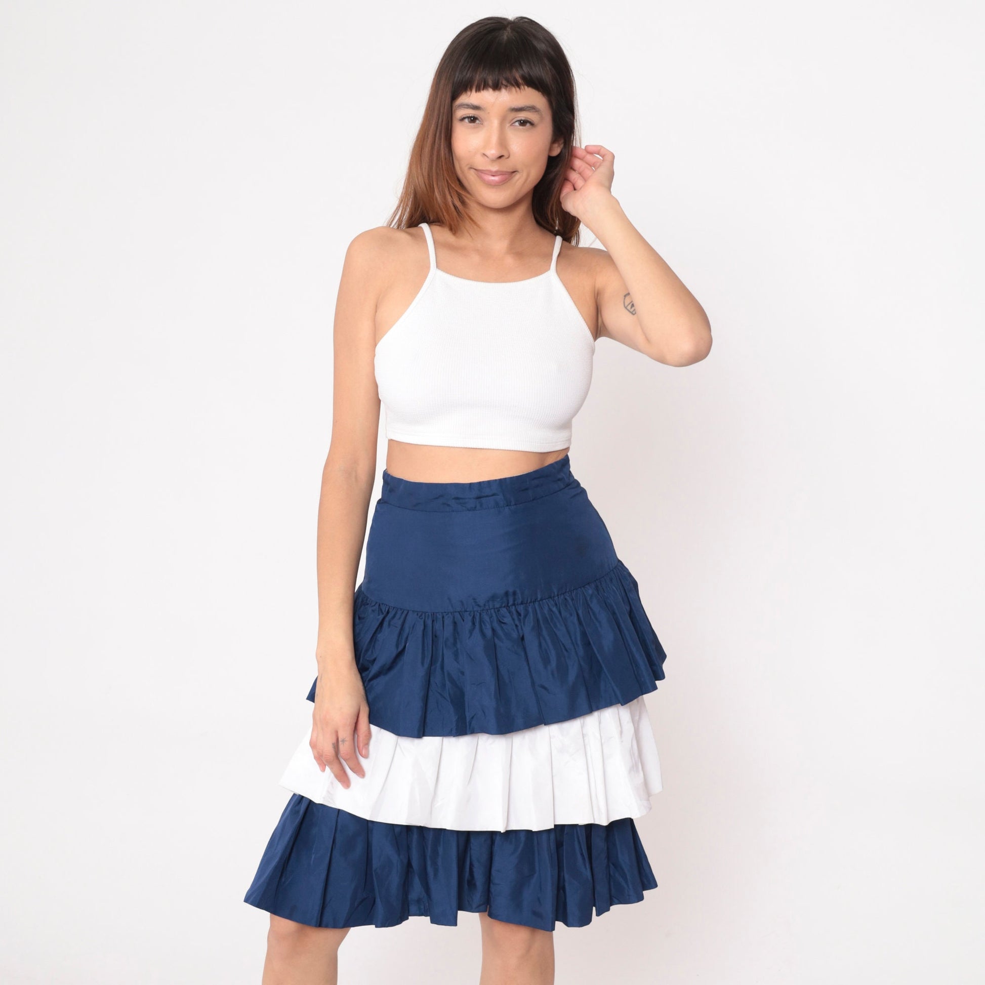 90s Tiered Midi Skirt Dark Blue White Color Block High Waist Small