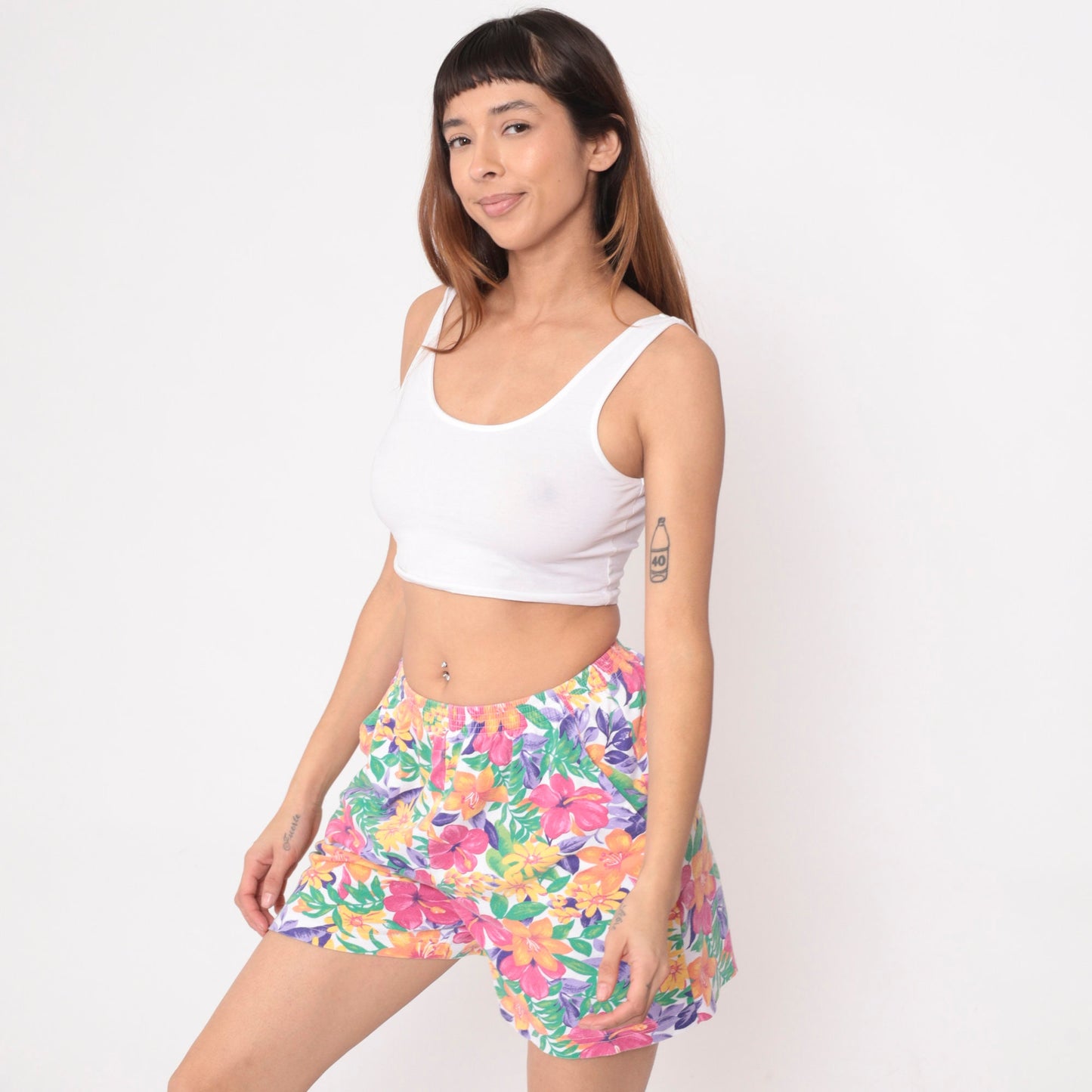90s Tropical Floral Leaf Print High-Waist Shorts Multicolor Small