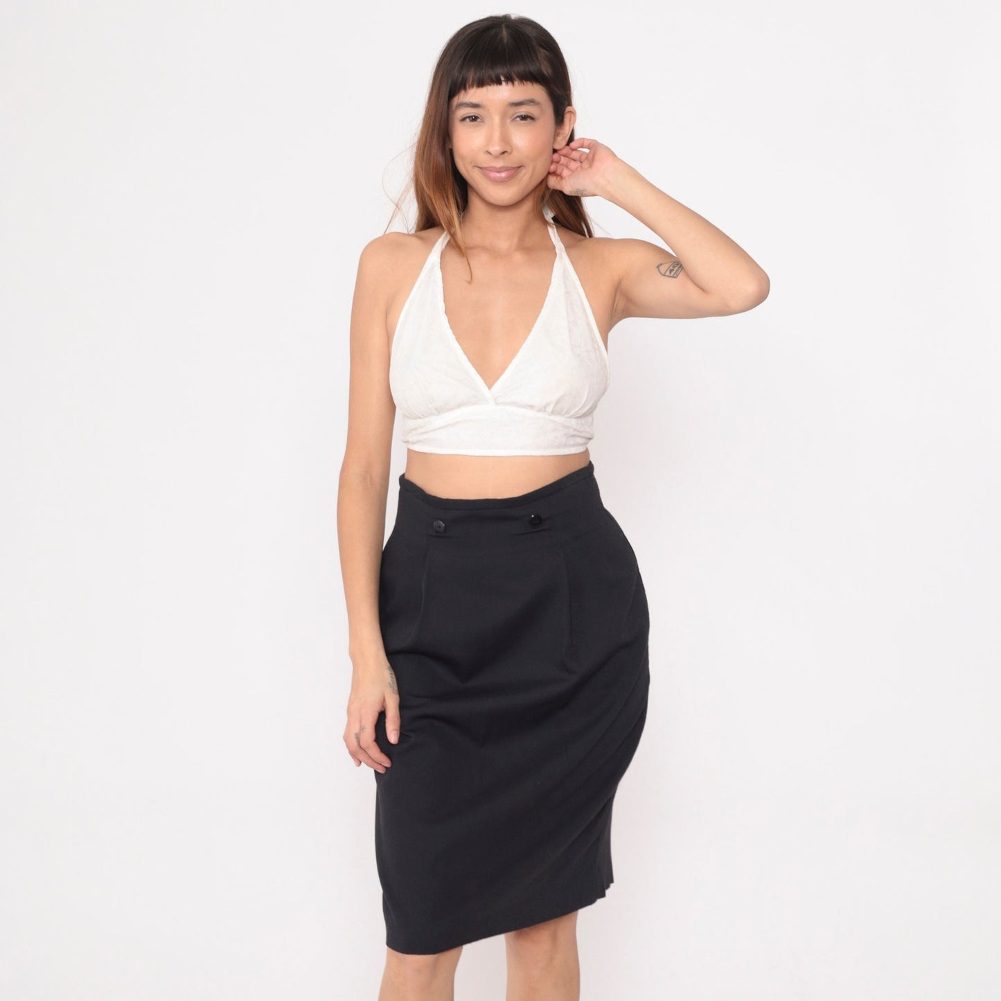 90s Black Pencil Skirt High Waisted Pleated Knee Length Medium