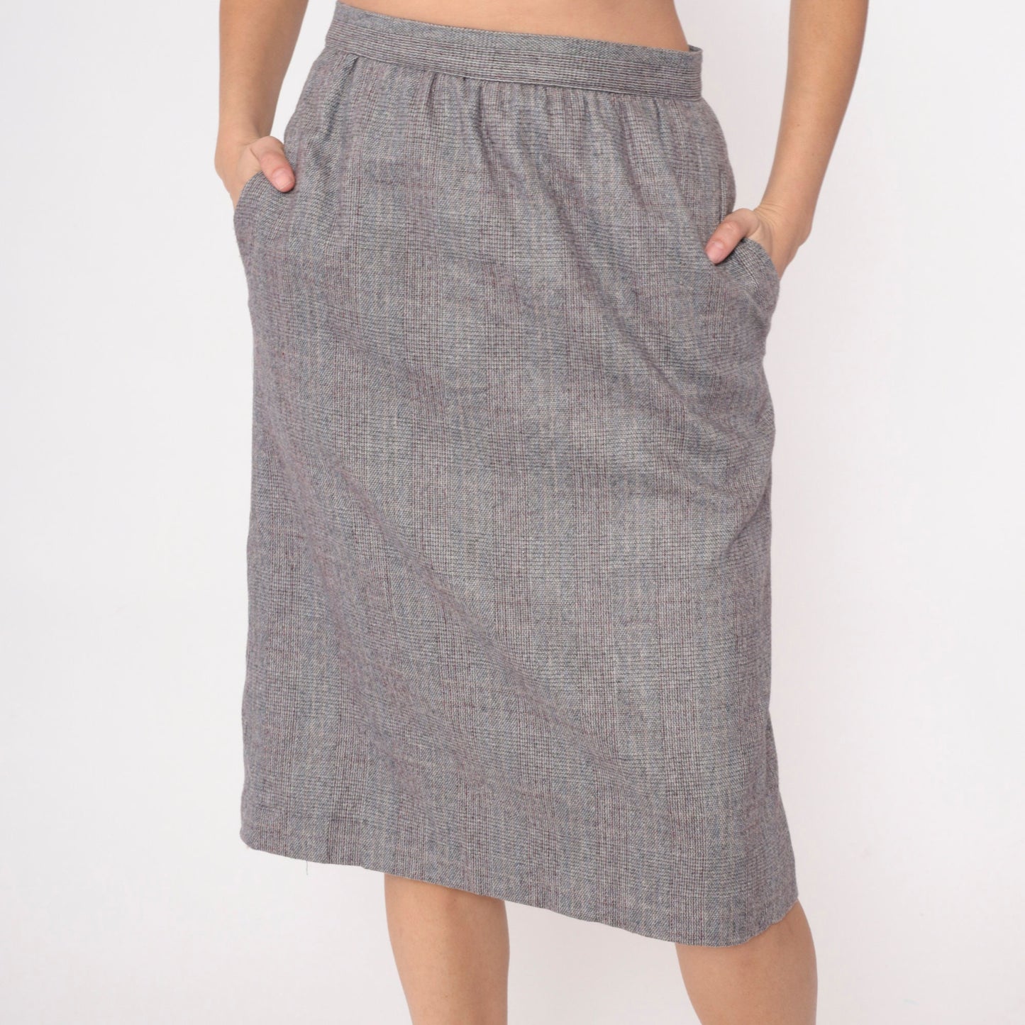 80s Grey Checkered High-Waisted Straight Skirt Pockets Small