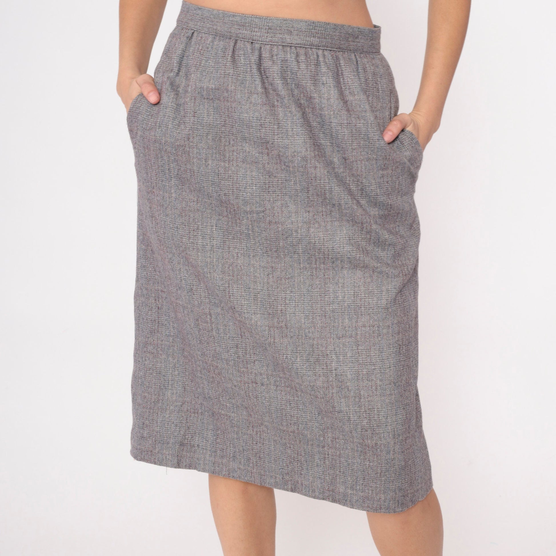 80s Grey Checkered High-Waisted Straight Skirt Pockets Small