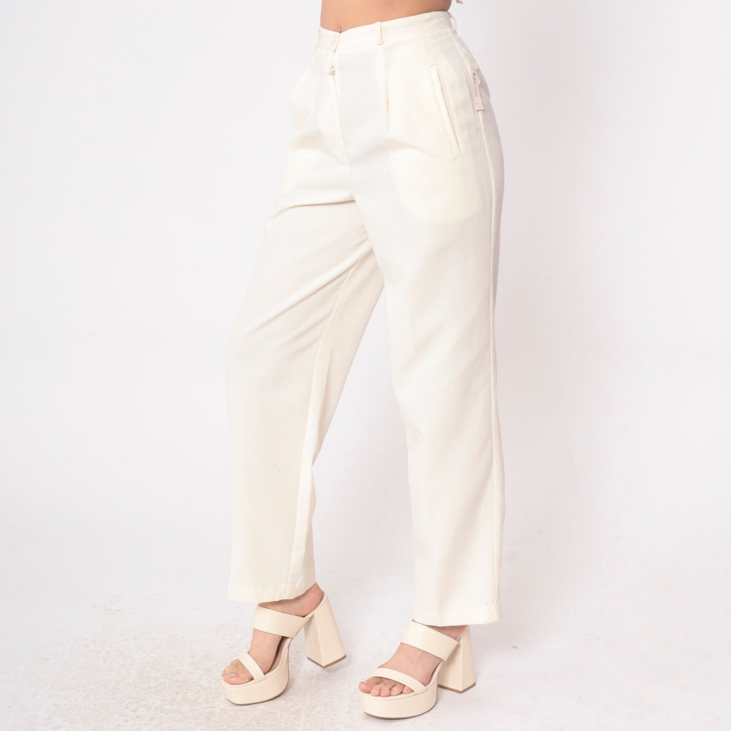 80s Cream High-Waisted Straight Leg Pants Pleated Welt Pockets Small S
