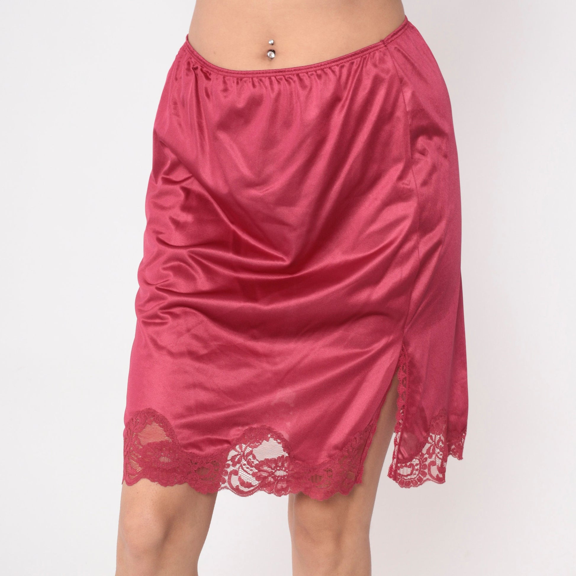 70s Raspberry Lace Slip Skirt High Waisted Front Slit Small Medium