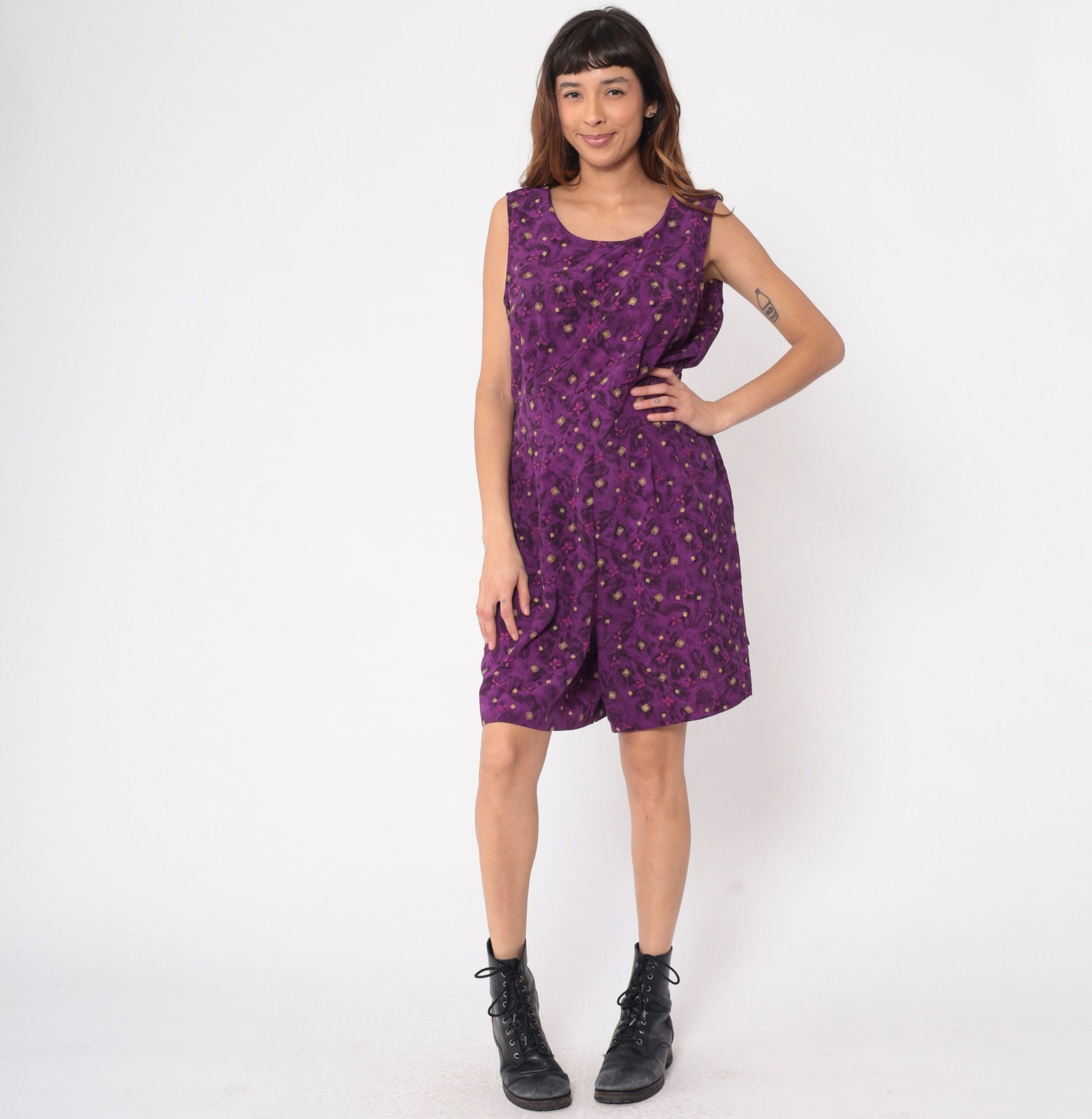 90s Kathie Lee Purple Geometric Leaf Print Romper Keyhole Back Medium Large