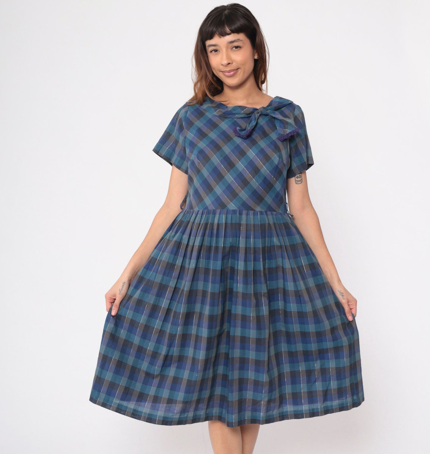 1950s Blue Checkered Metallic Bow Collar Day Dress Midi Short Sleeve Medium