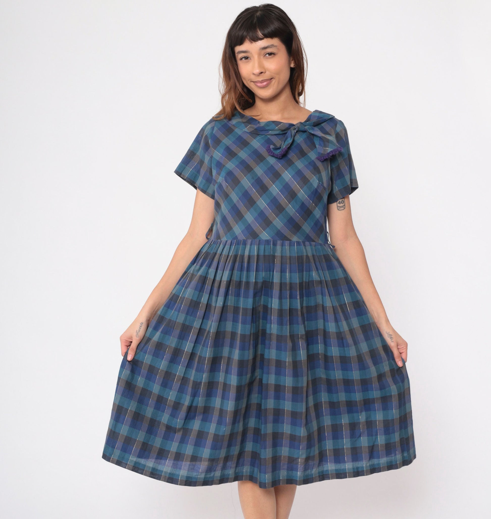 1950s Blue Checkered Metallic Bow Collar Day Dress Midi Short Sleeve Medium