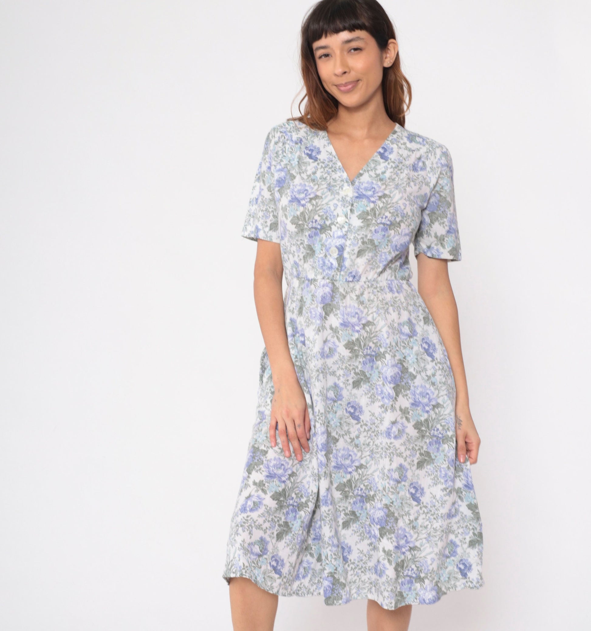 80s Stuart Alan Petites Floral Midi Dress Lavender Button-Up V-Neck Small