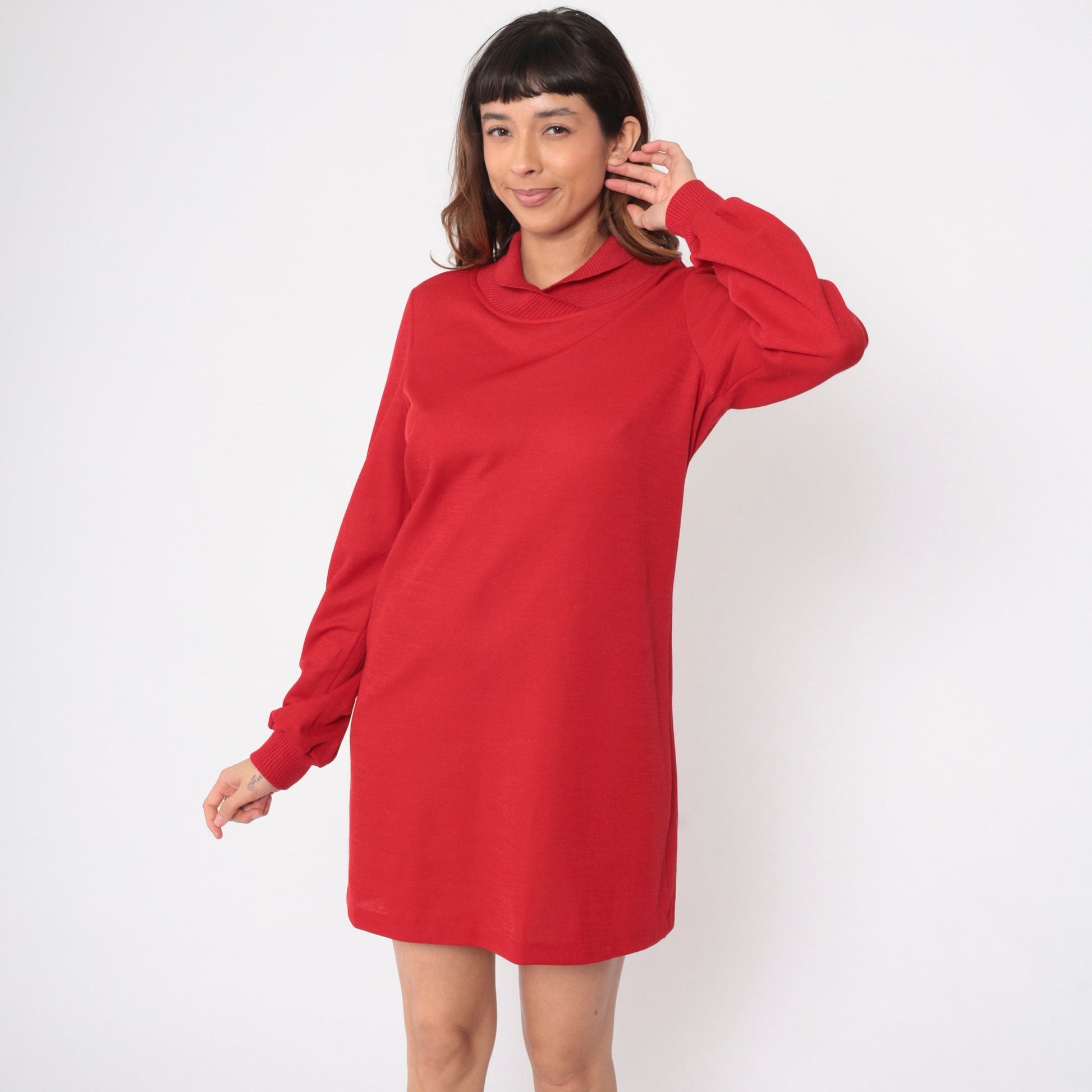 80s Red Mini Shift Dress Shawl Collar Ribbed Knit Small