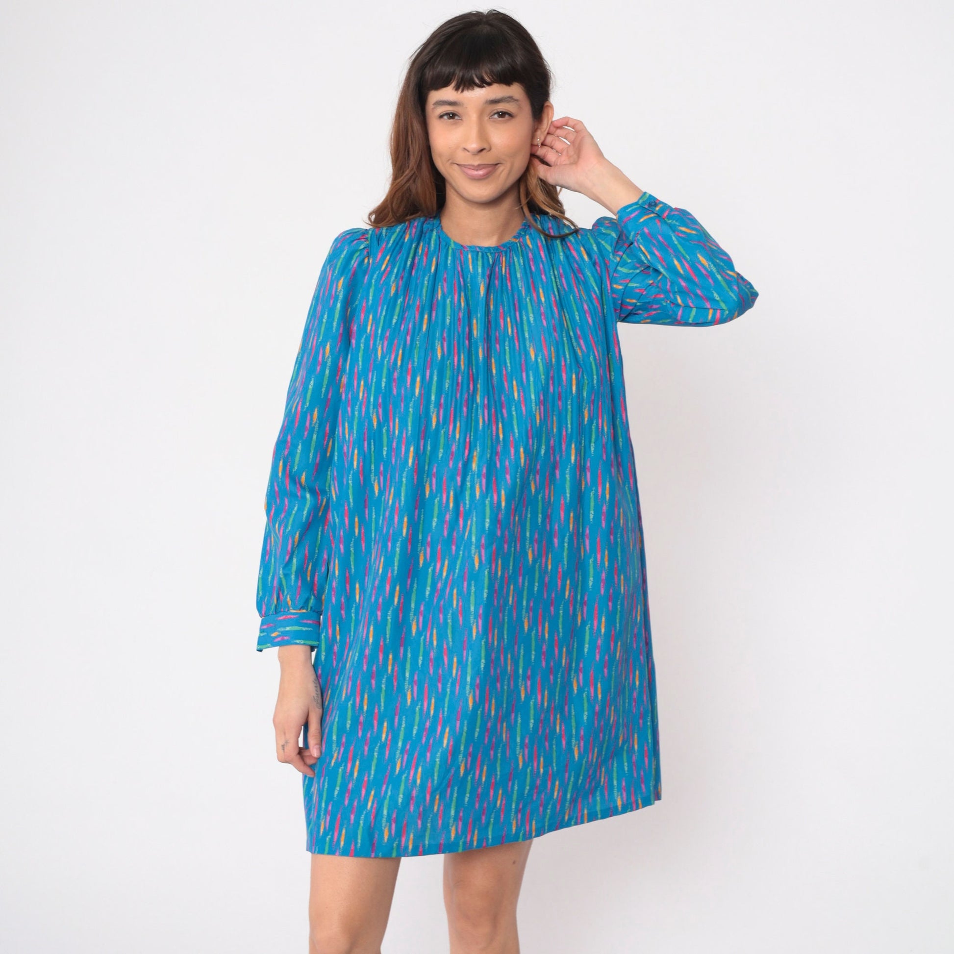 80s Mary Jane Corey California Striped Mini Dress Blue Puff Sleeve Shift Small