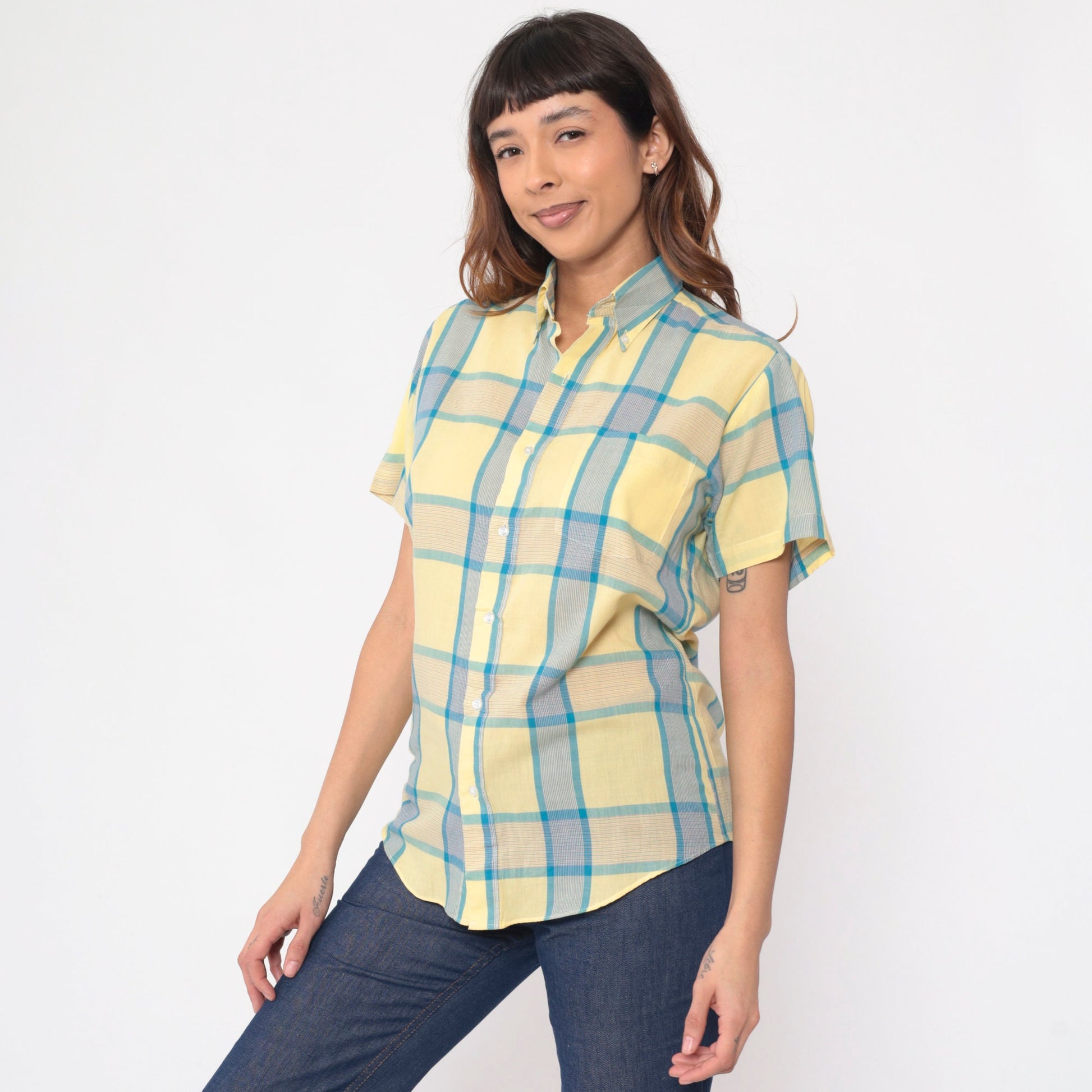 80s Yellow Blue Plaid Button Up Shirt Short Sleeve Collared Top Small S