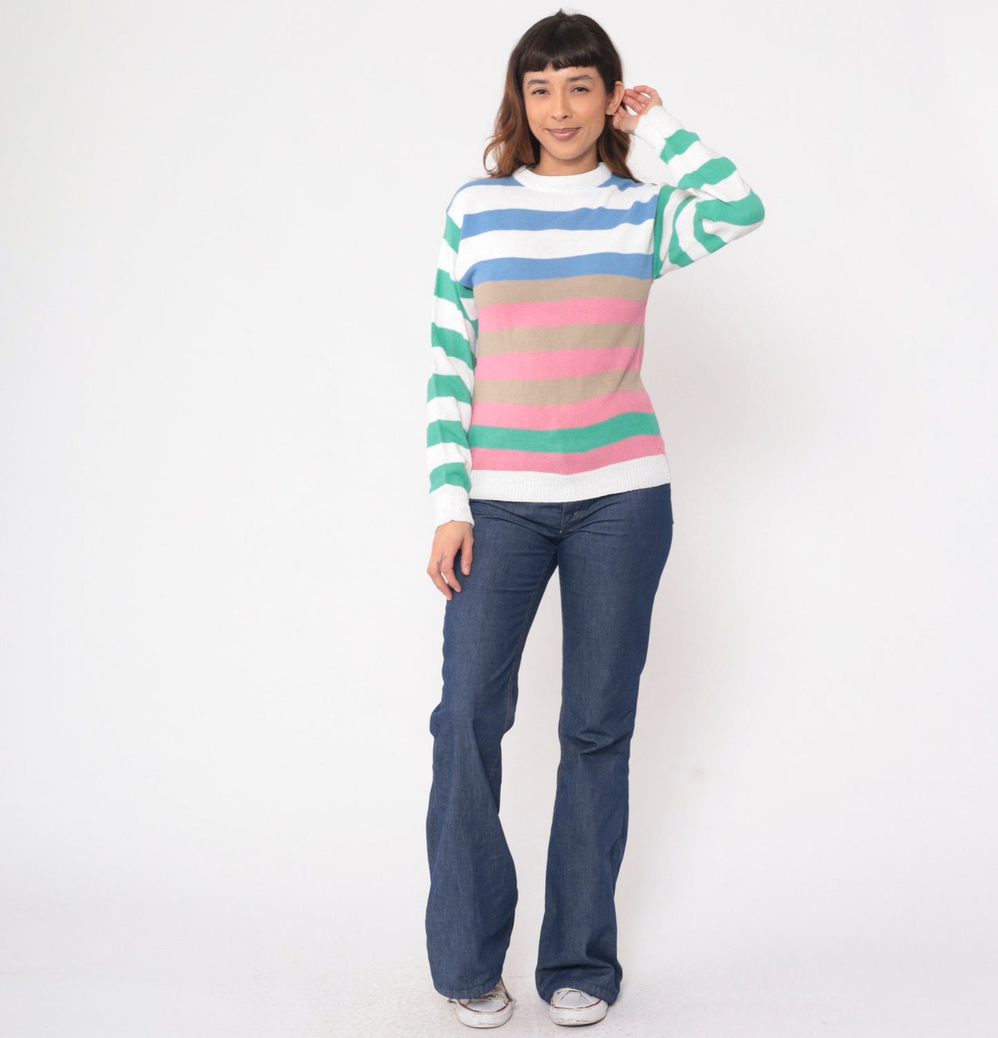 80s Colour Block Striped Crewneck Sweater White Pink Blue Green Extra Small