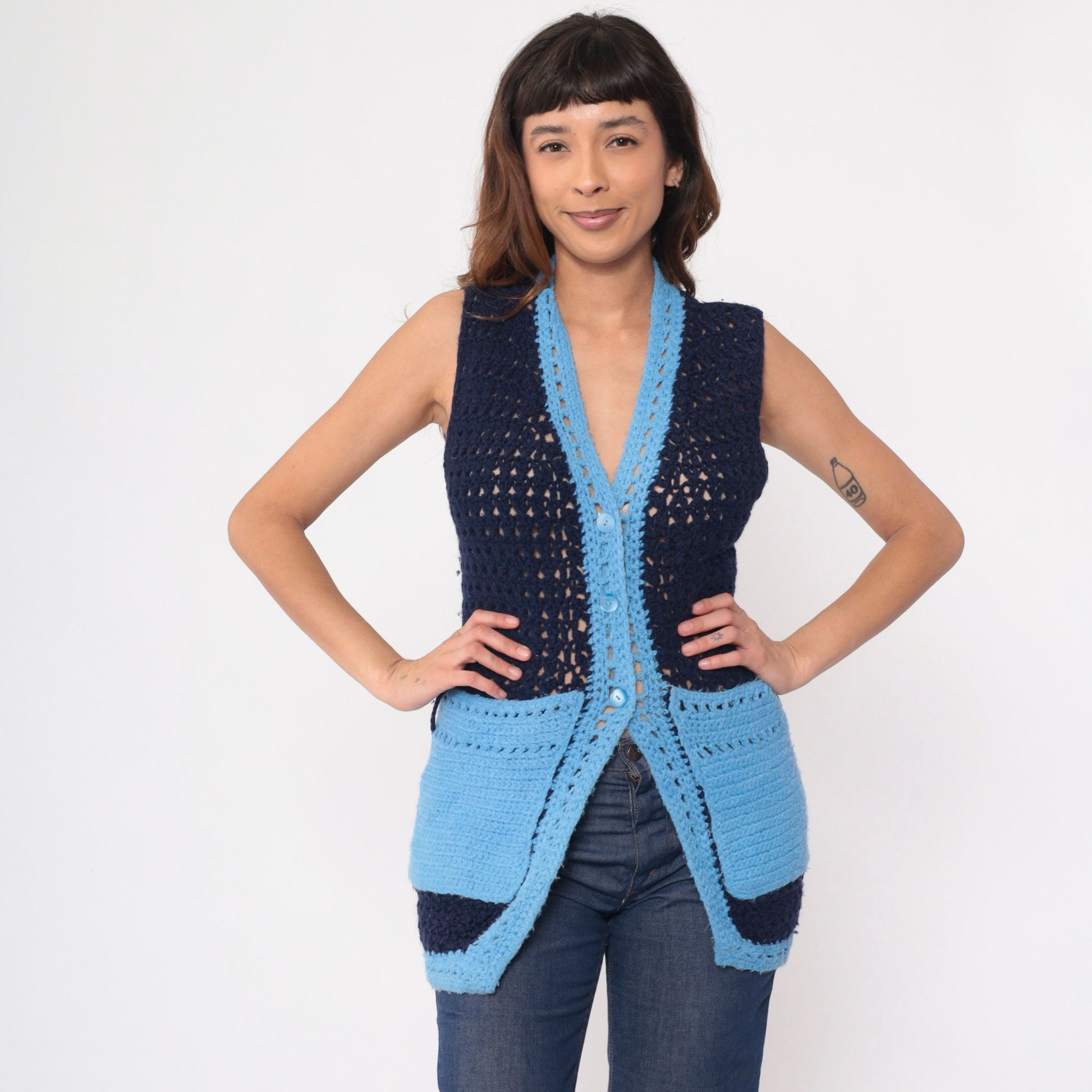 70s Navy Crochet Knit Vest Button-Up V-Neck Sheer Pockets Extra Small