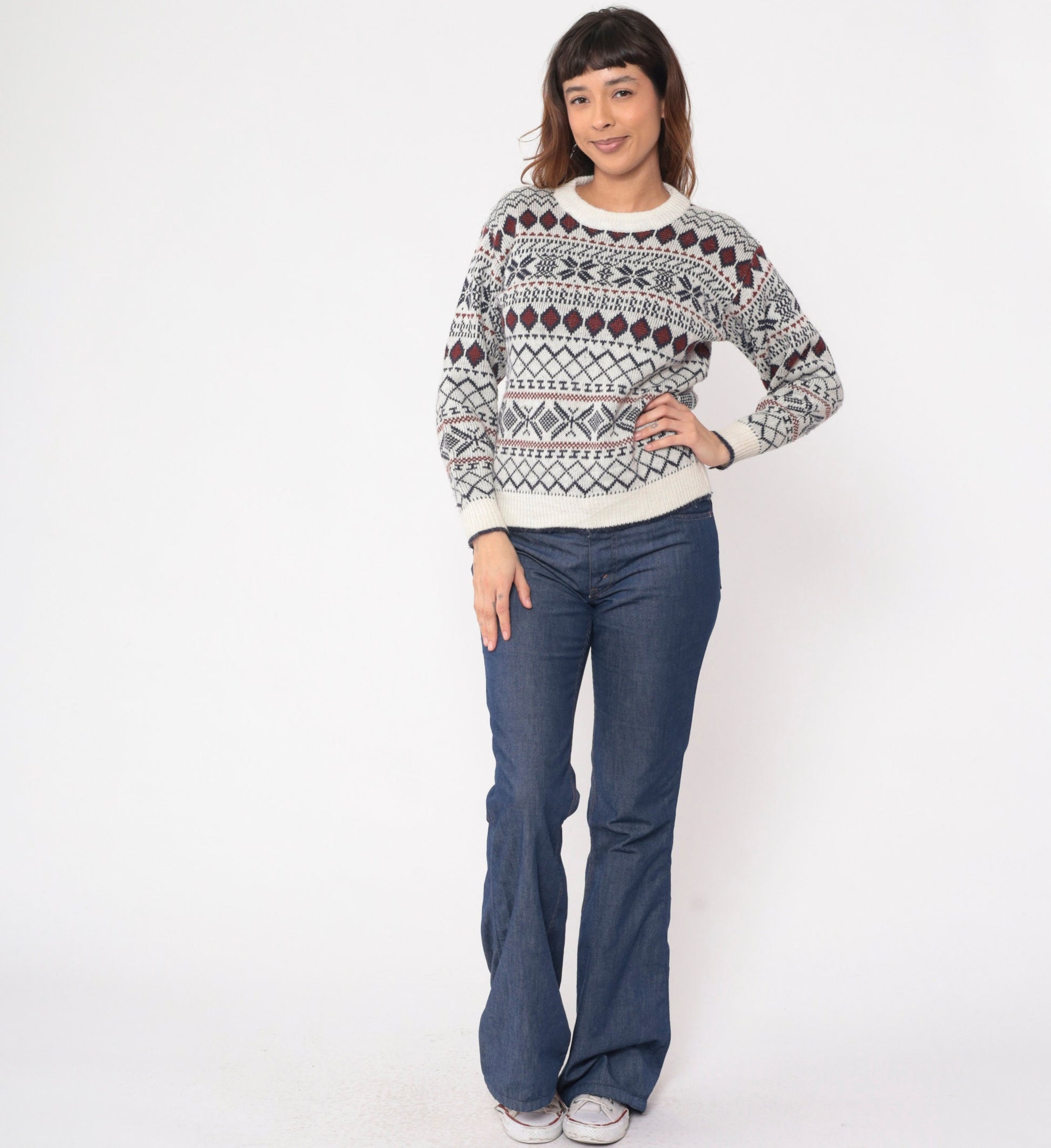 80s Fair Isle Snowflake Sweater White Navy Crewneck Pullover Extra Small