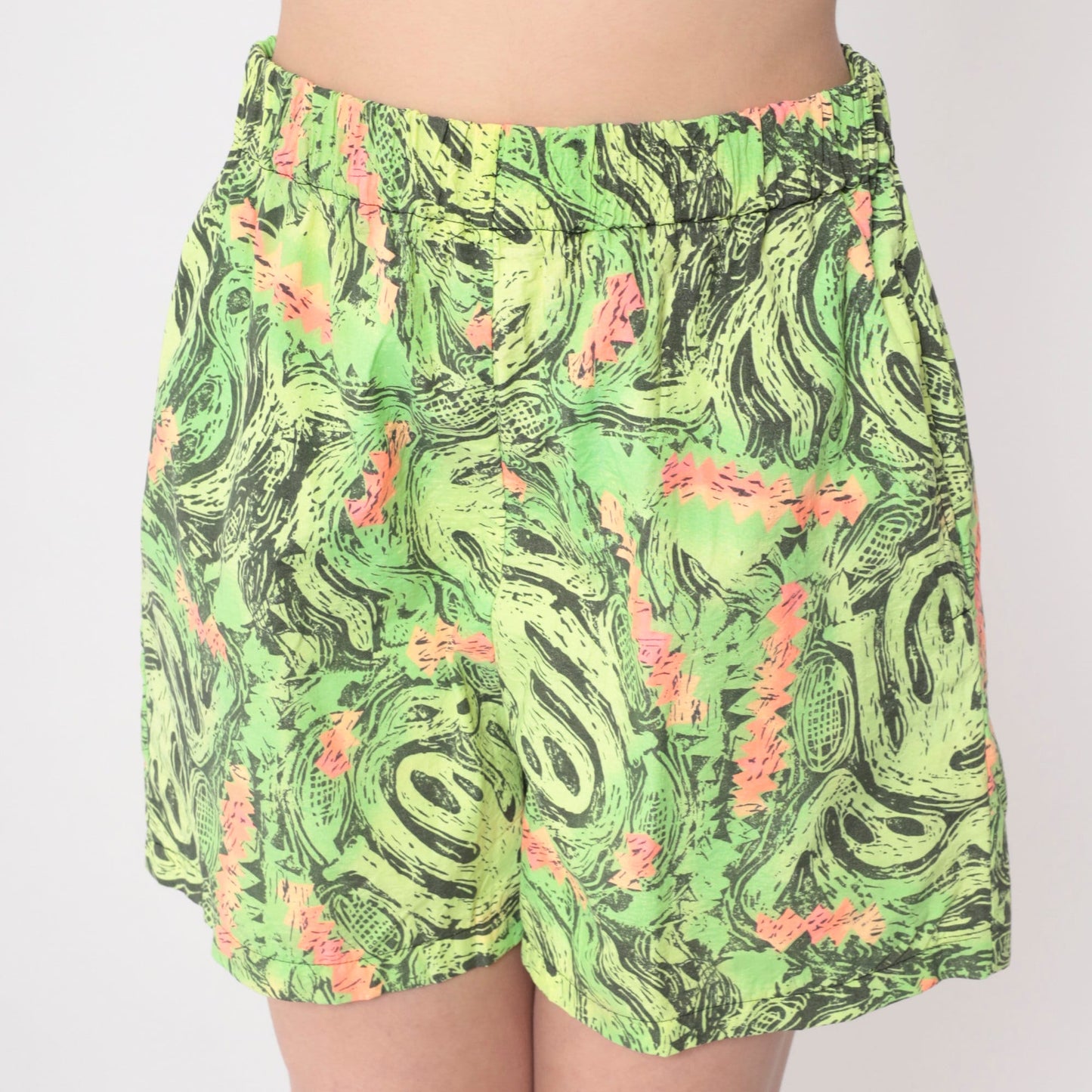 80s California Baggyz Neon Shorts Abstract Alien Print High Waist Medium
