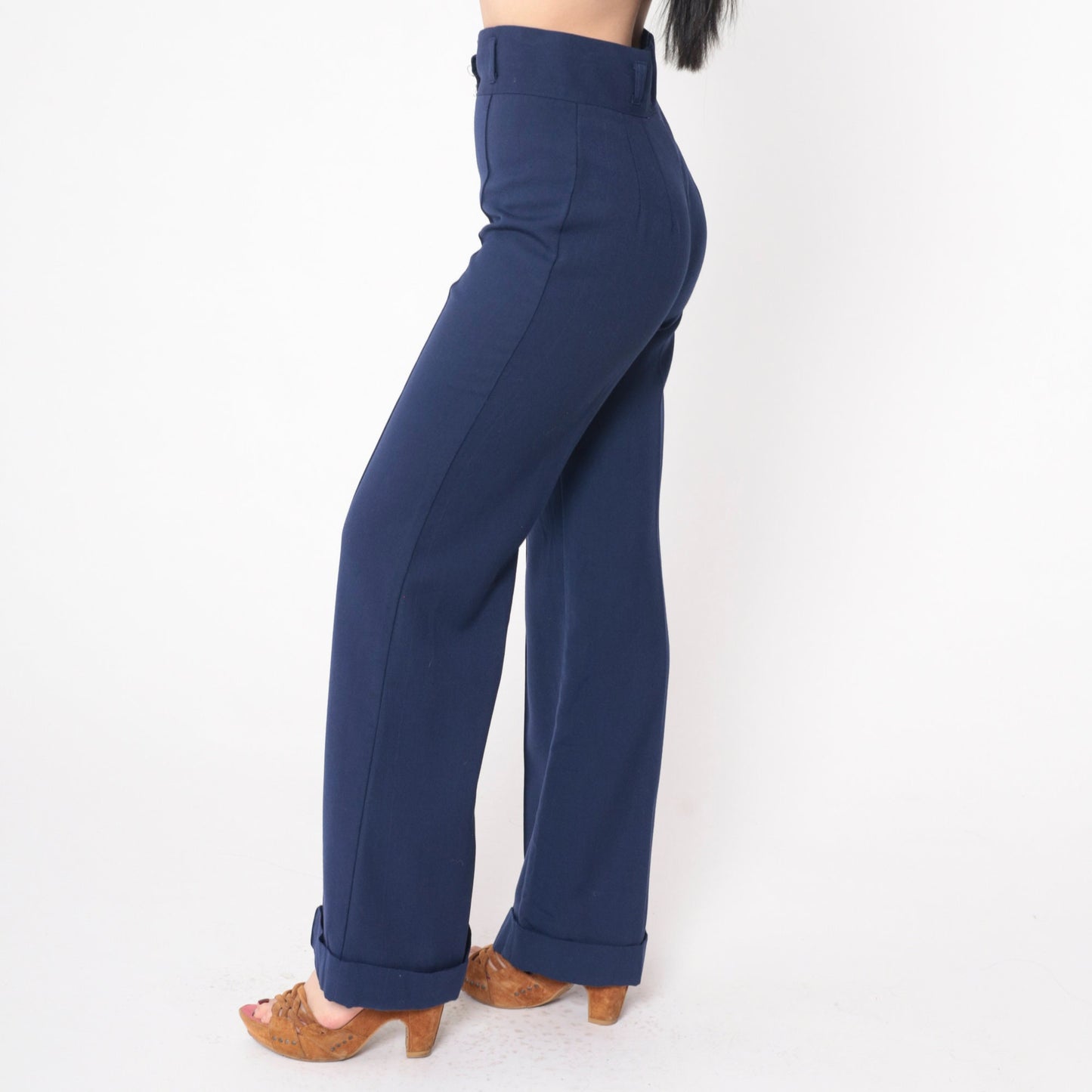 70s Navy Bell Bottom Trousers High Waist Cuffed Creased Slacks Small
