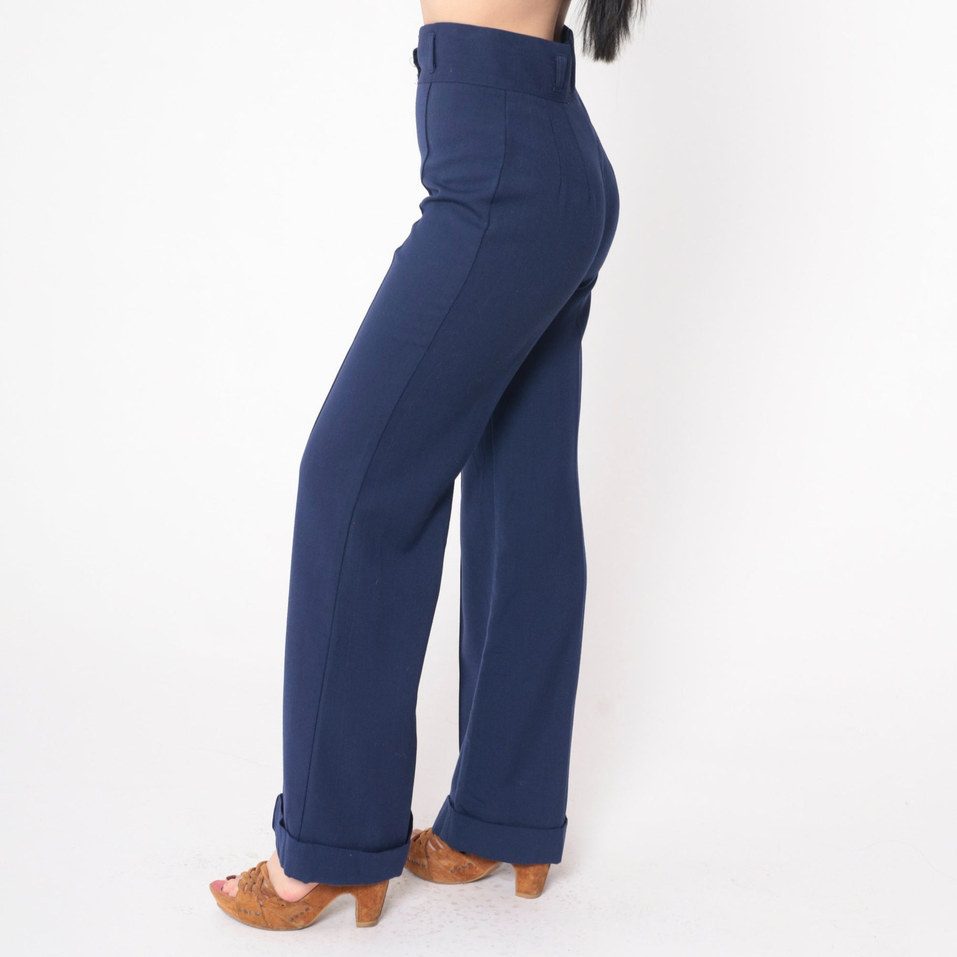 70s Navy Bell Bottom Trousers High Waist Cuffed Creased Slacks Small