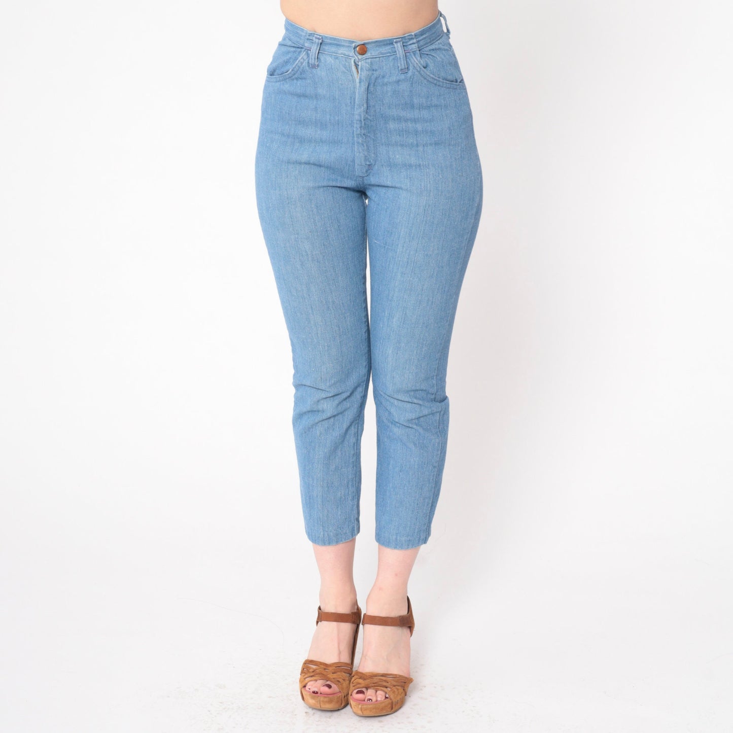 70s High Waist Skinny Jeans Blue Denim Cropped Ankle Tight Fit XXS