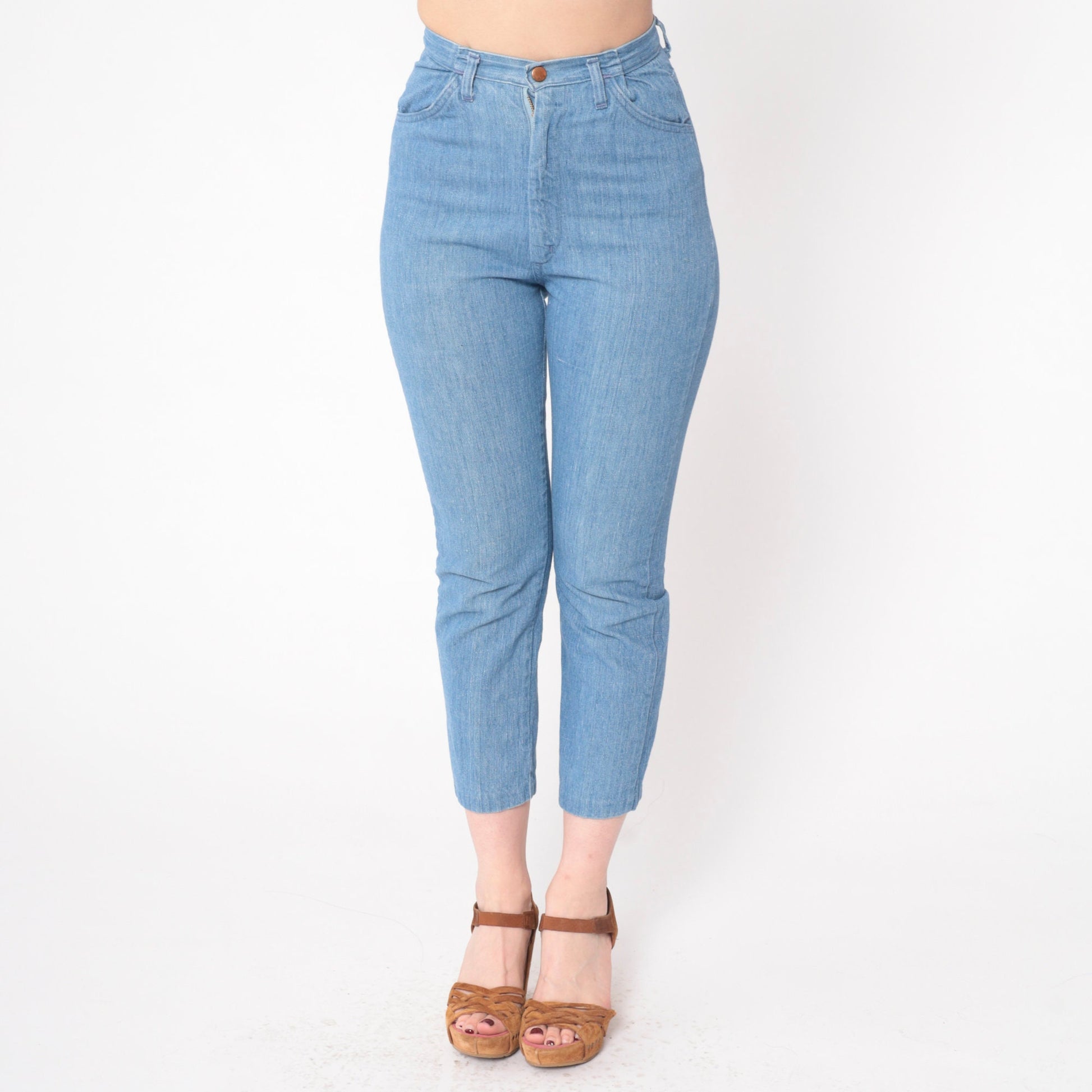 70s High Waist Skinny Jeans Blue Denim Cropped Ankle Tight Fit XXS