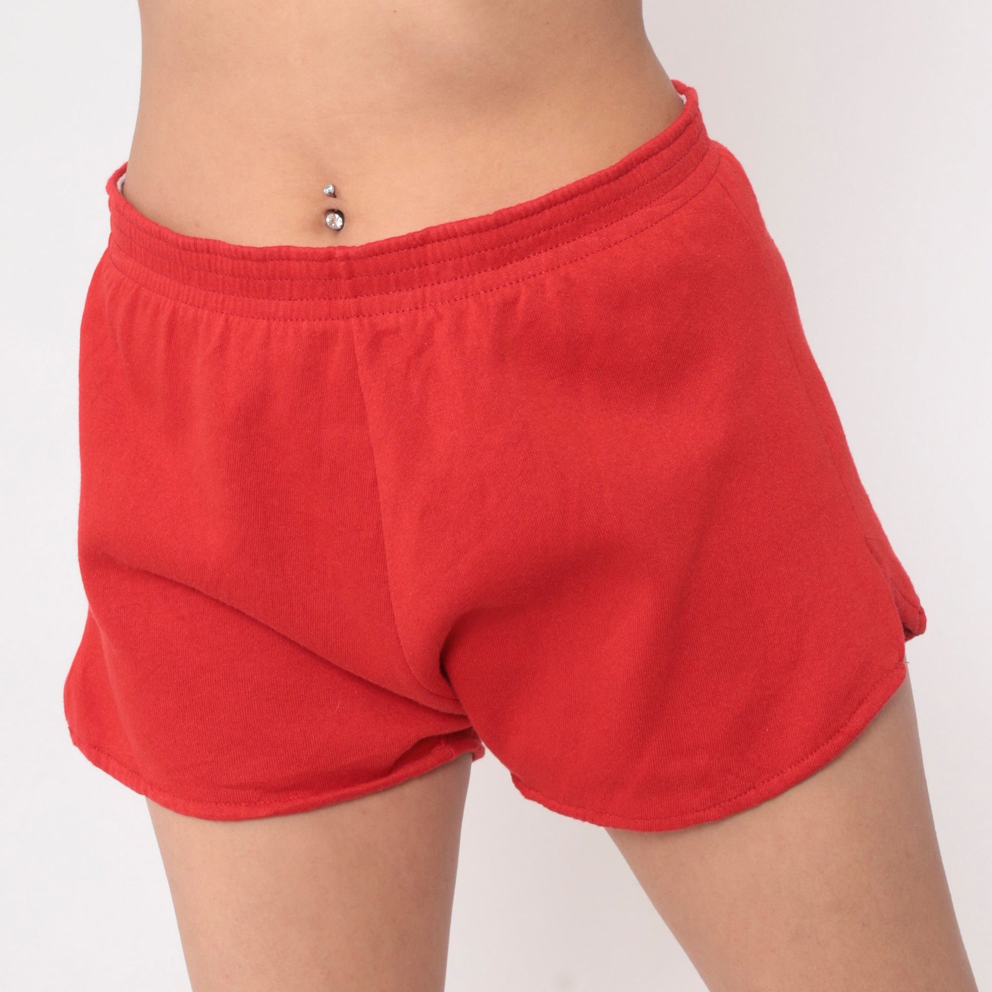 80s Red Gym Shorts High Waist Elastic Athletic Shorts Medium