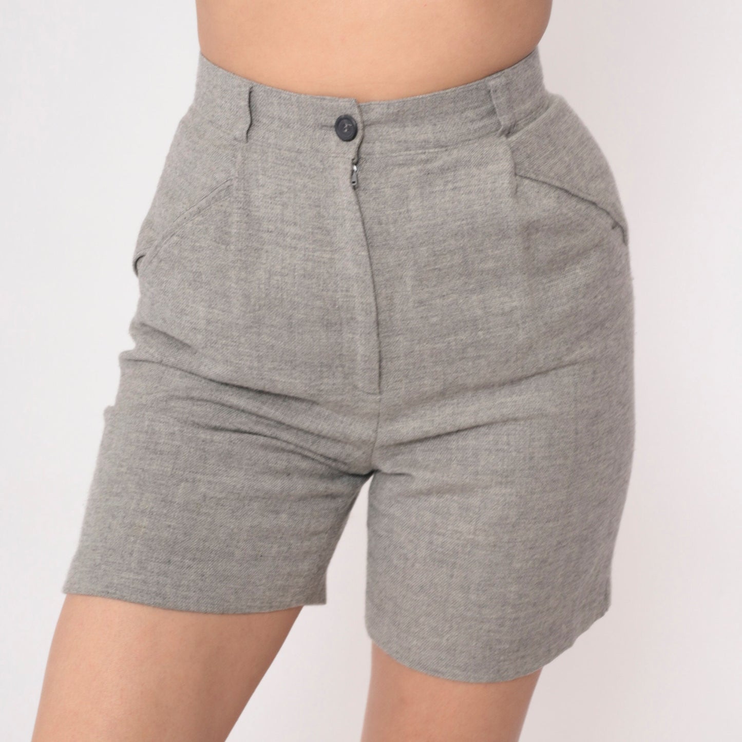80s Heathered Grey Wool High-Waisted Shorts Welt Pockets Small 4