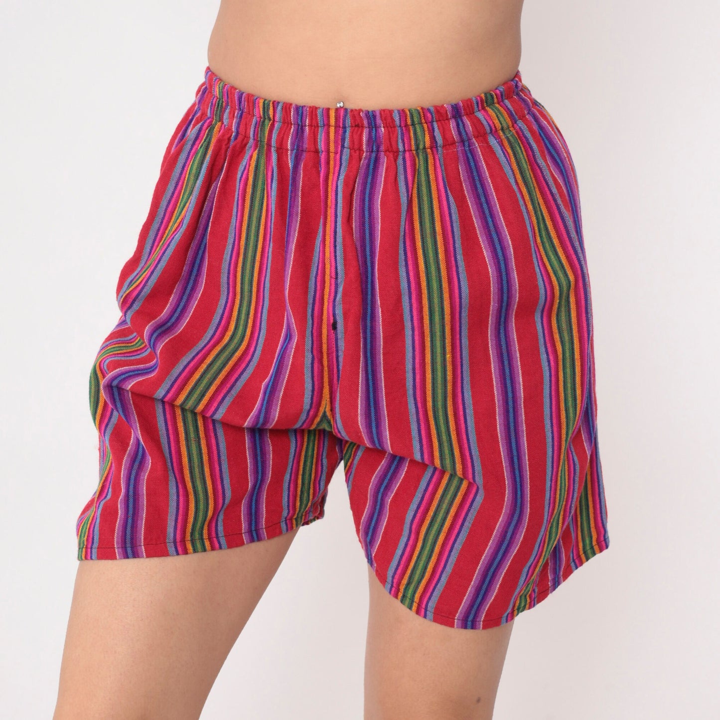 00s Striped Serape Shorts Red Rainbow Elastic Waist Small