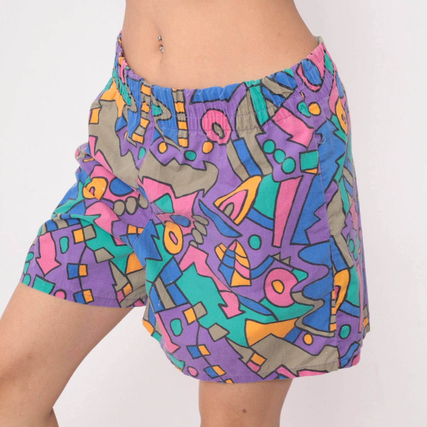 90s Babilonia Geometric Shorts Purple Blue Abstract Baggy High Waist Small