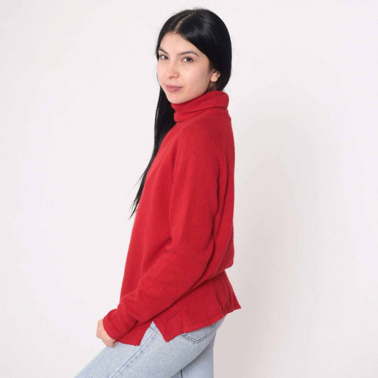 90s Red Wool Angora Turtleneck Raglan Sweater Knit Pullover Large L