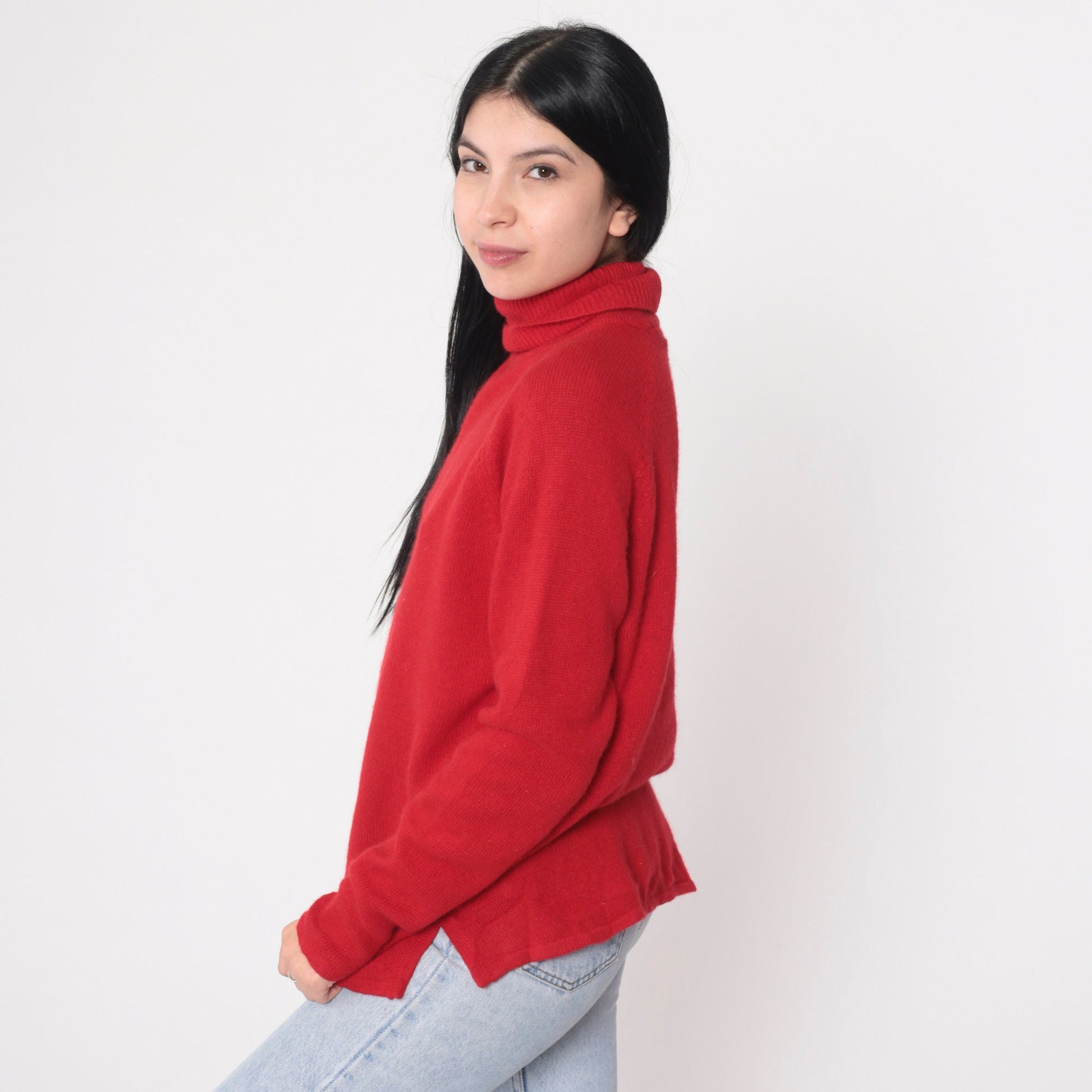 90s Red Wool Angora Turtleneck Raglan Sweater Knit Pullover Large L