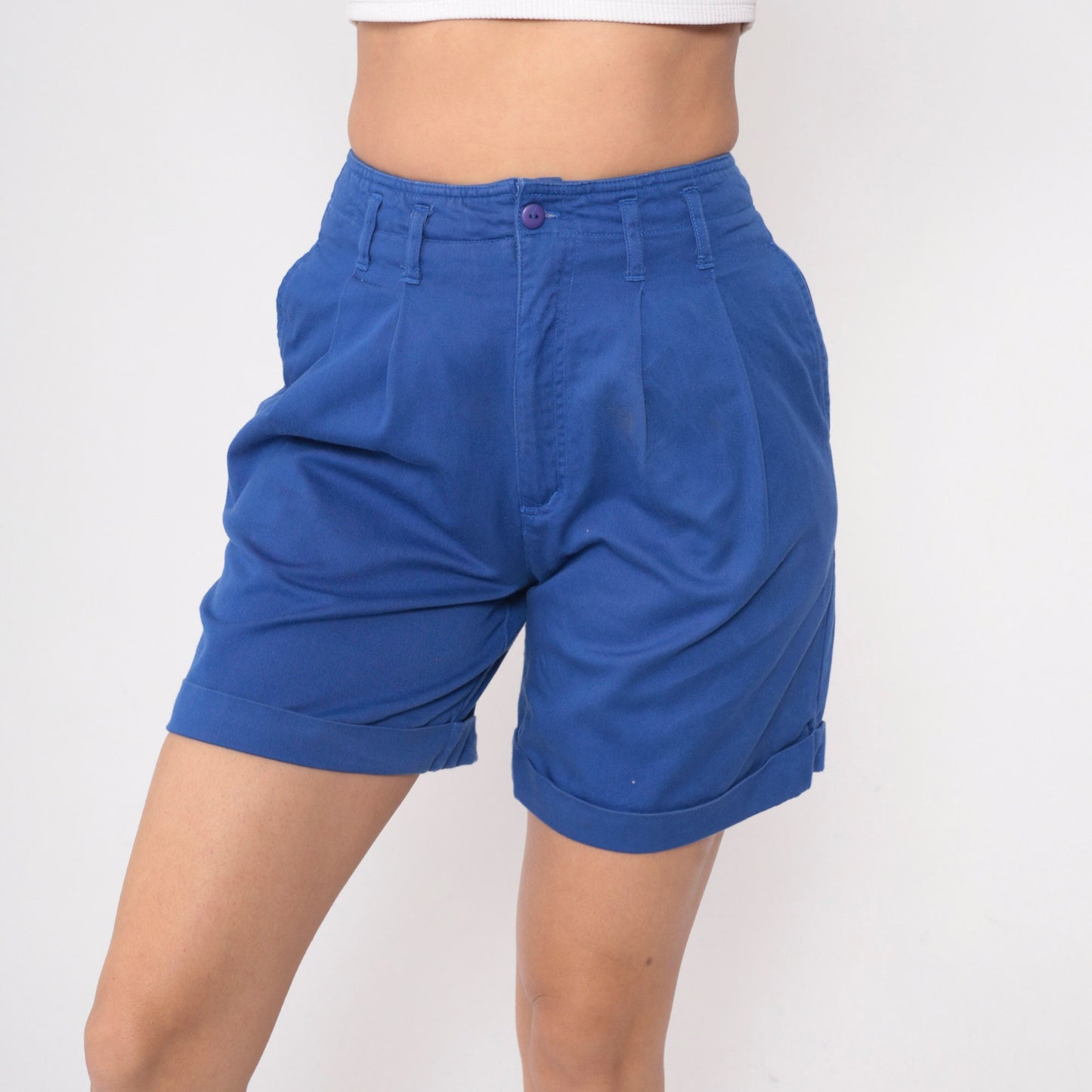 90s High Waisted Pleated Shorts Royal Blue Cotton Small