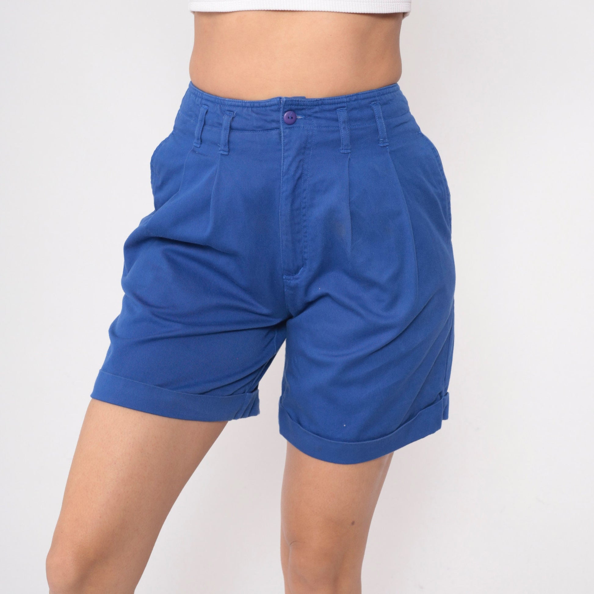 90s High Waisted Pleated Shorts Royal Blue Cotton Small