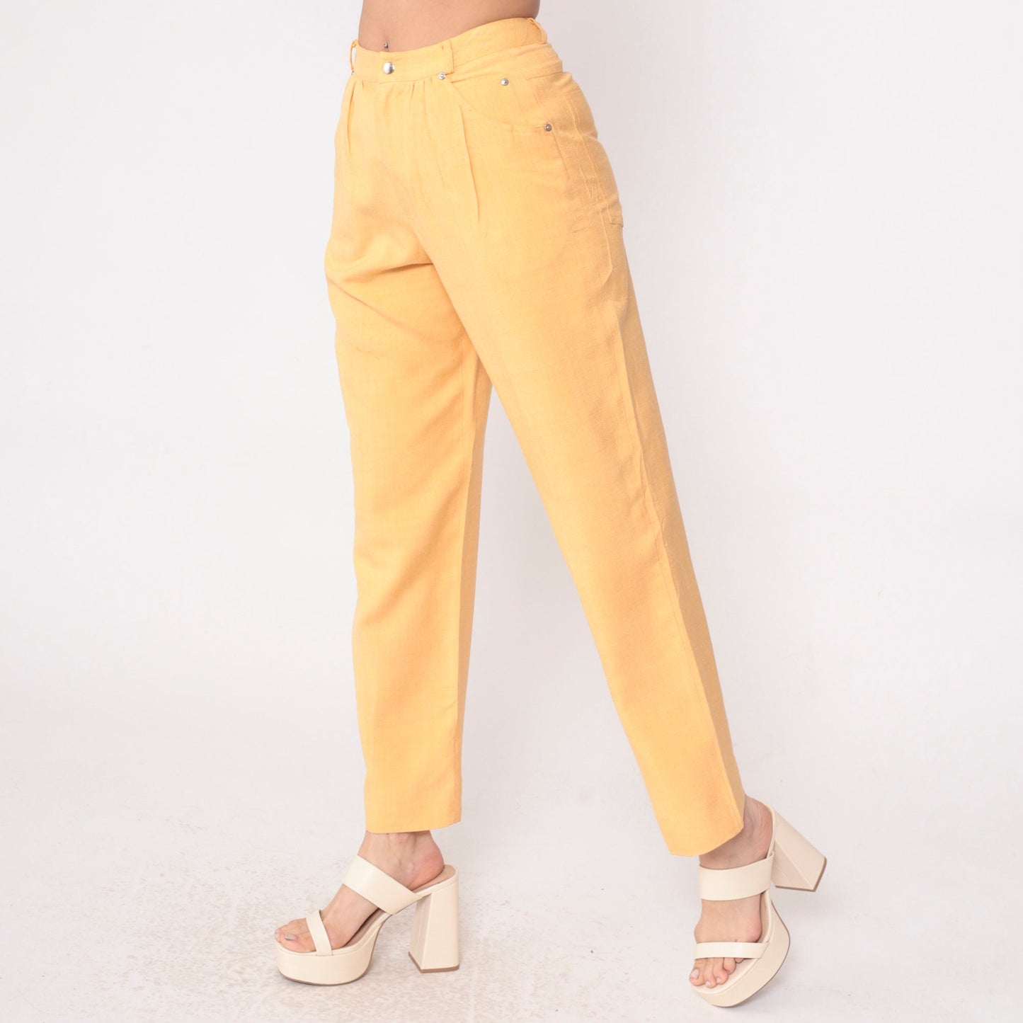80s Carole Little Light Orange Silk Pleated High-Waist Trousers Small