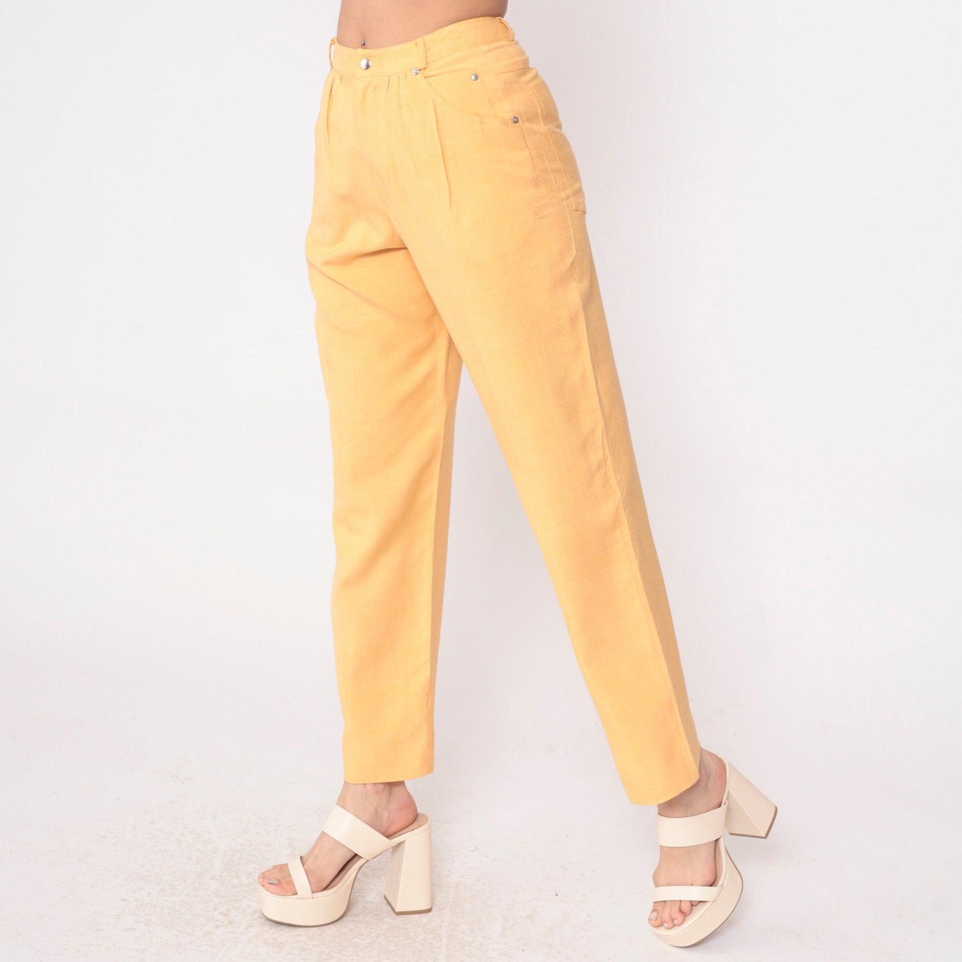 80s Carole Little Light Orange Silk Pleated High-Waist Trousers Small
