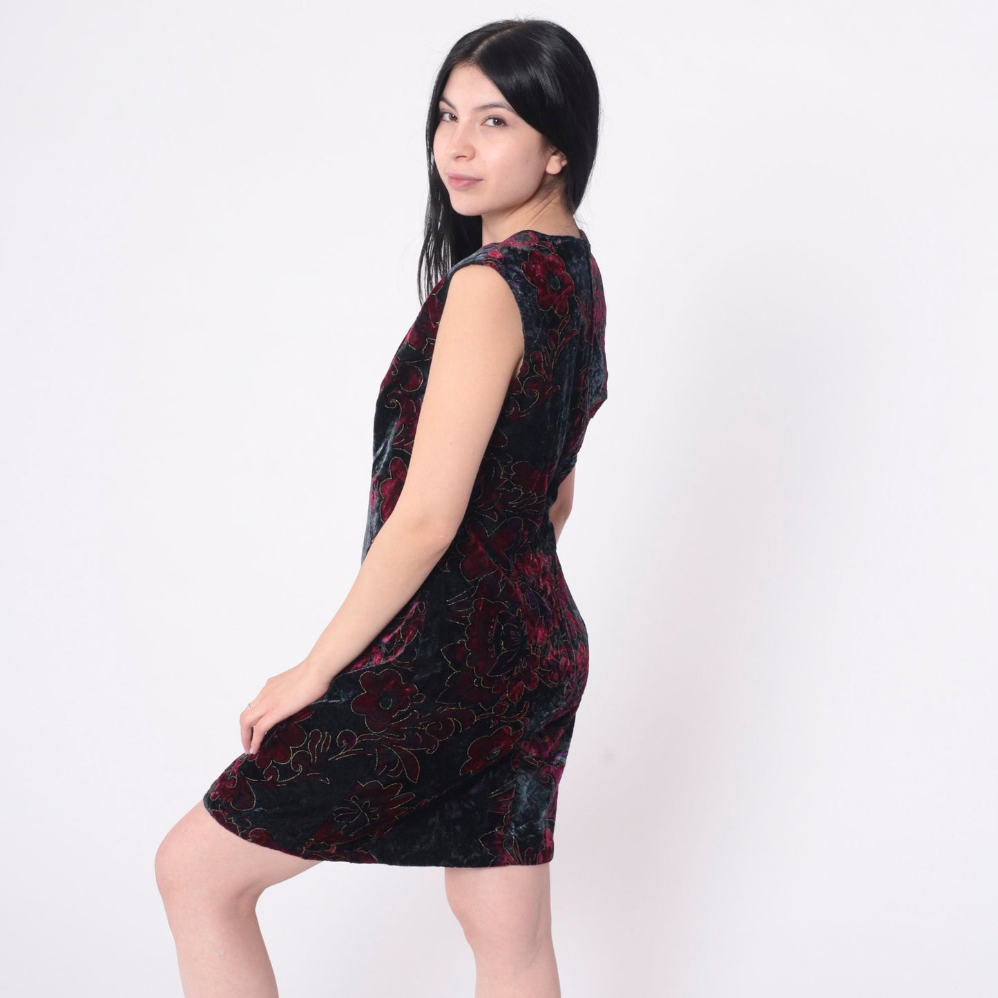 90s Velvet Floral Metallic Mini Dress Sleeveless Shift Jewel Tone Medium