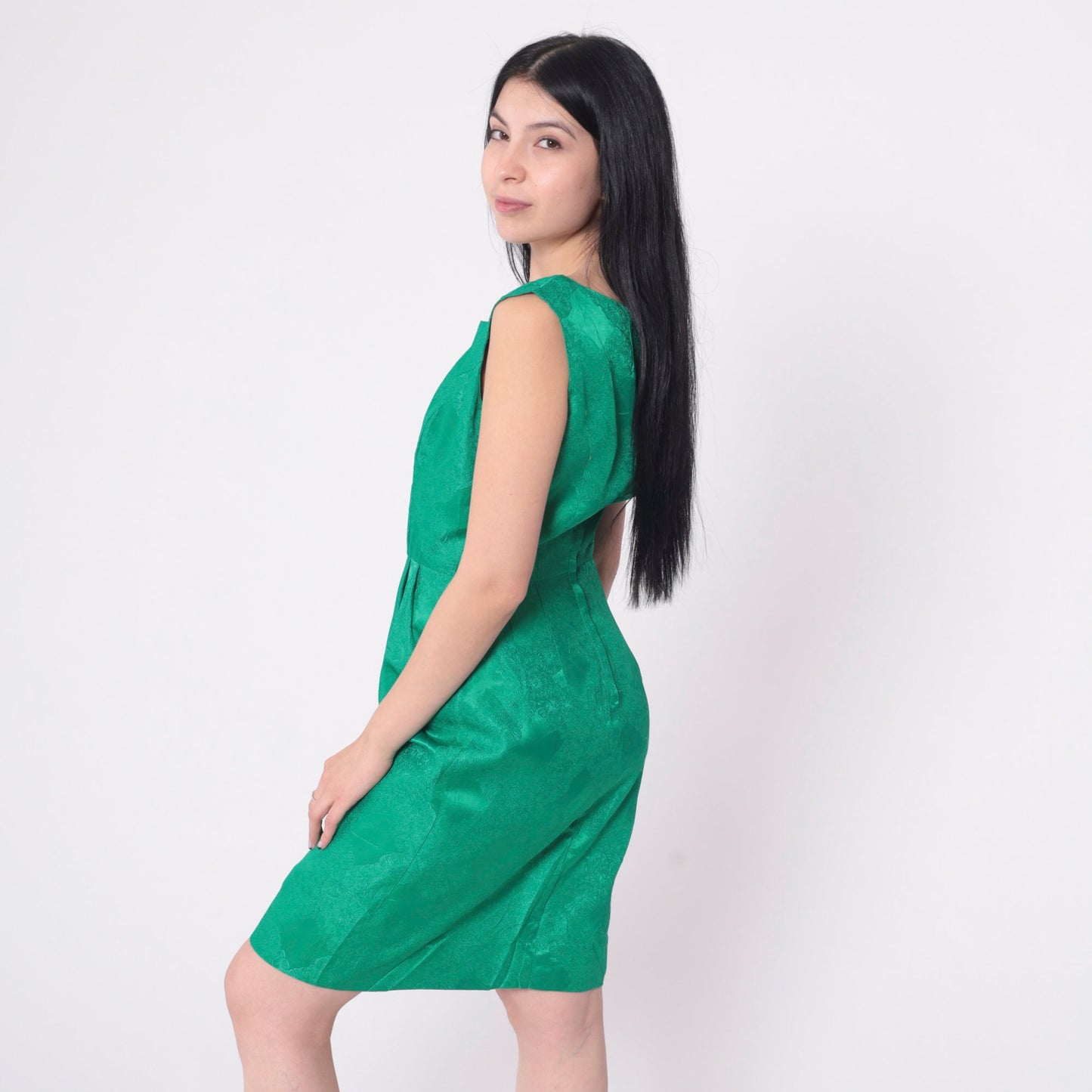 1960s Green Damask Floral Cocktail Dress Sleeveless Mini Small