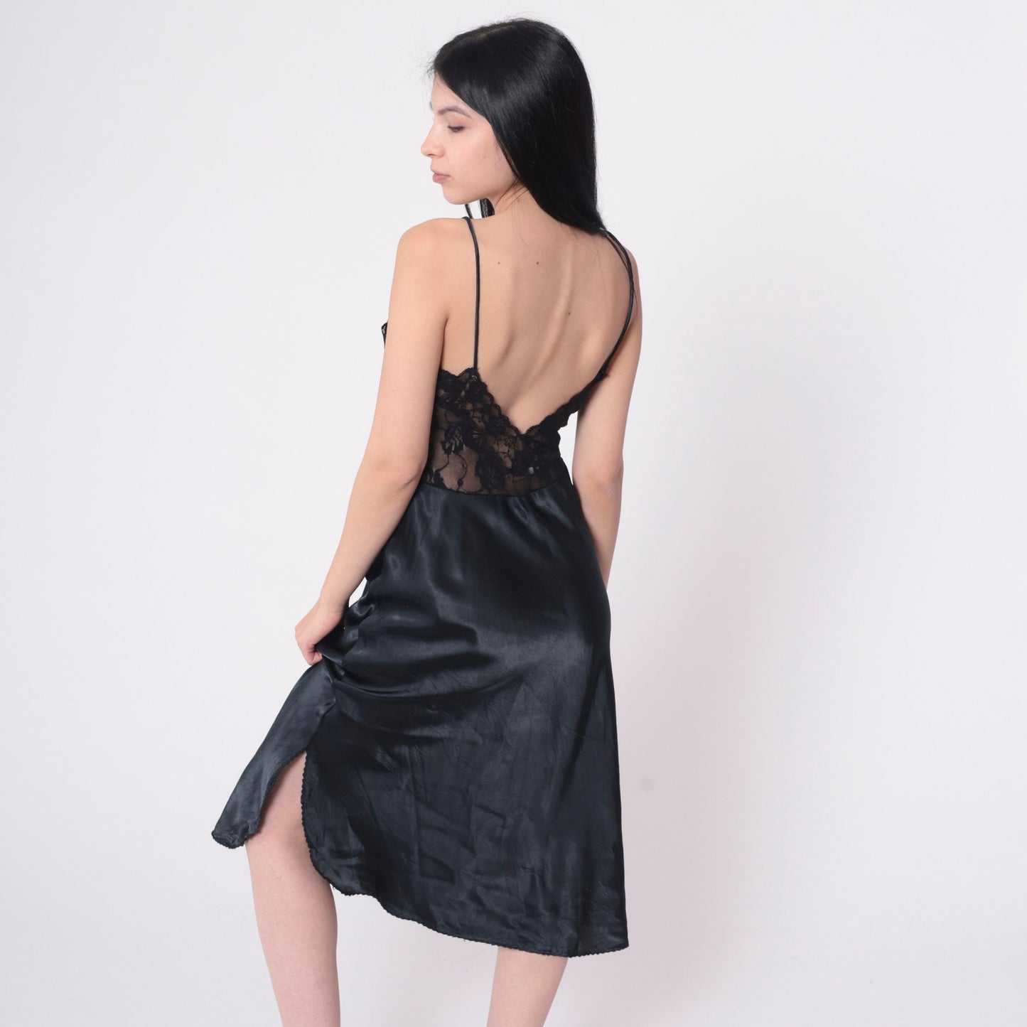 80s Black Sheer Lace Slip Dress Basque Waist V Back Midi Lingerie Medium