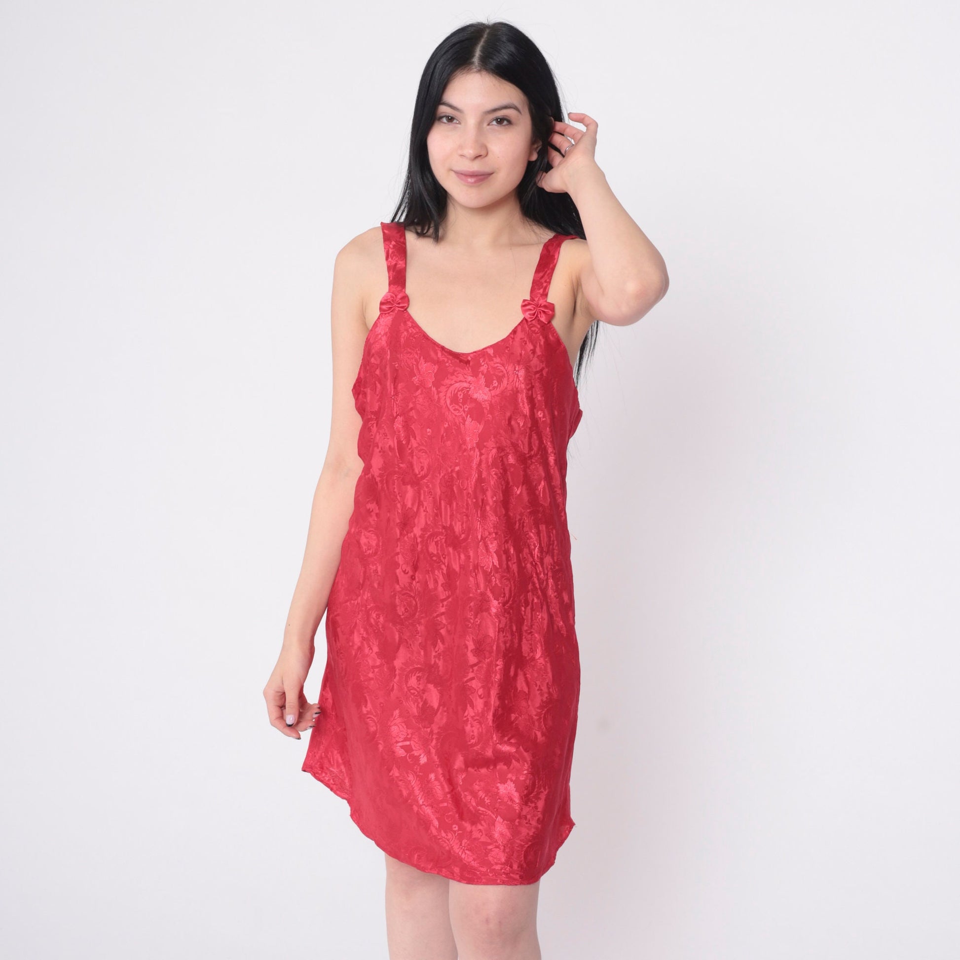 90s Red Floral Embossed Slip Dress Mini Nightgown Bows Medium
