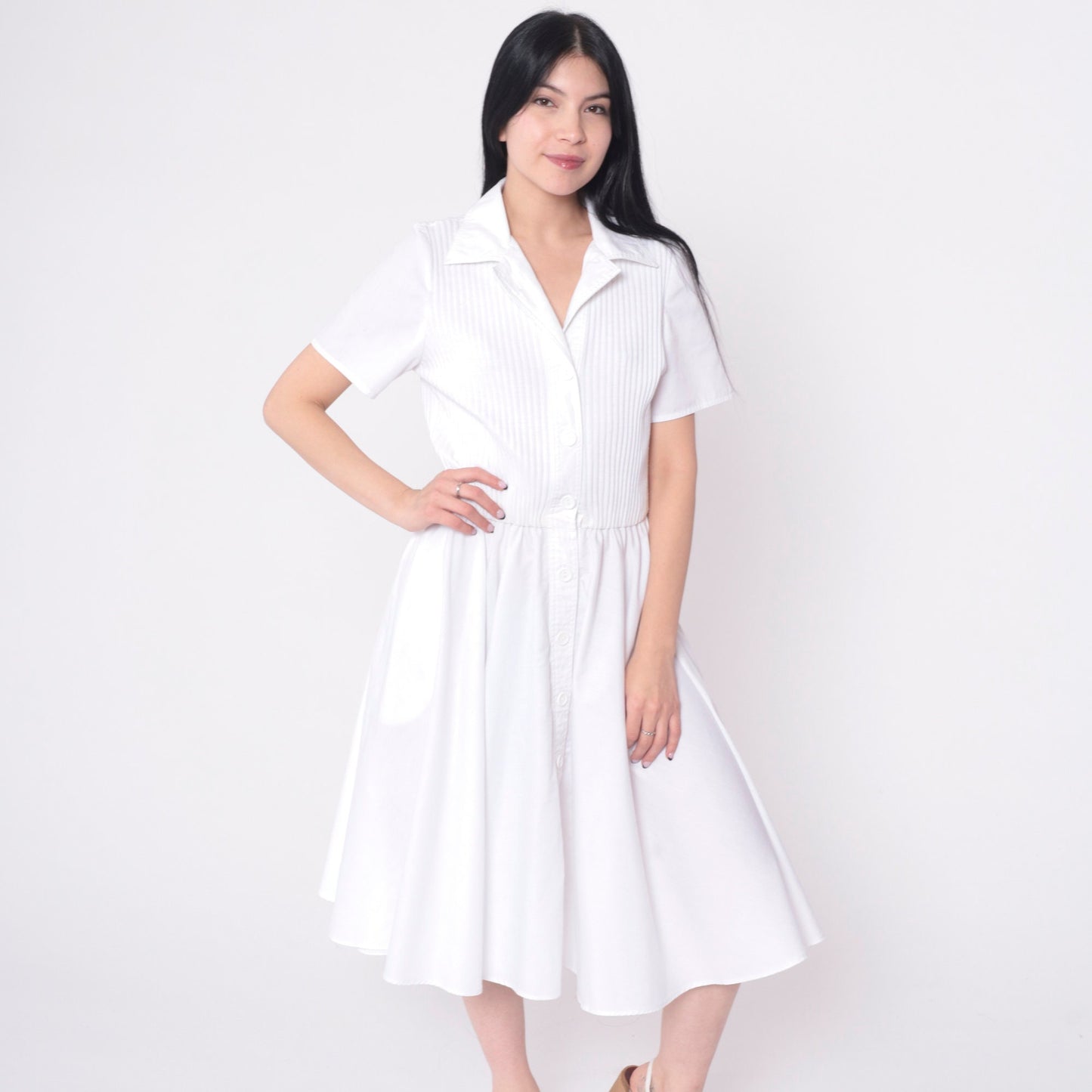 80s White Ribbed Knit Button-Up Shirtdress Elastic Waist Midi Small Medium