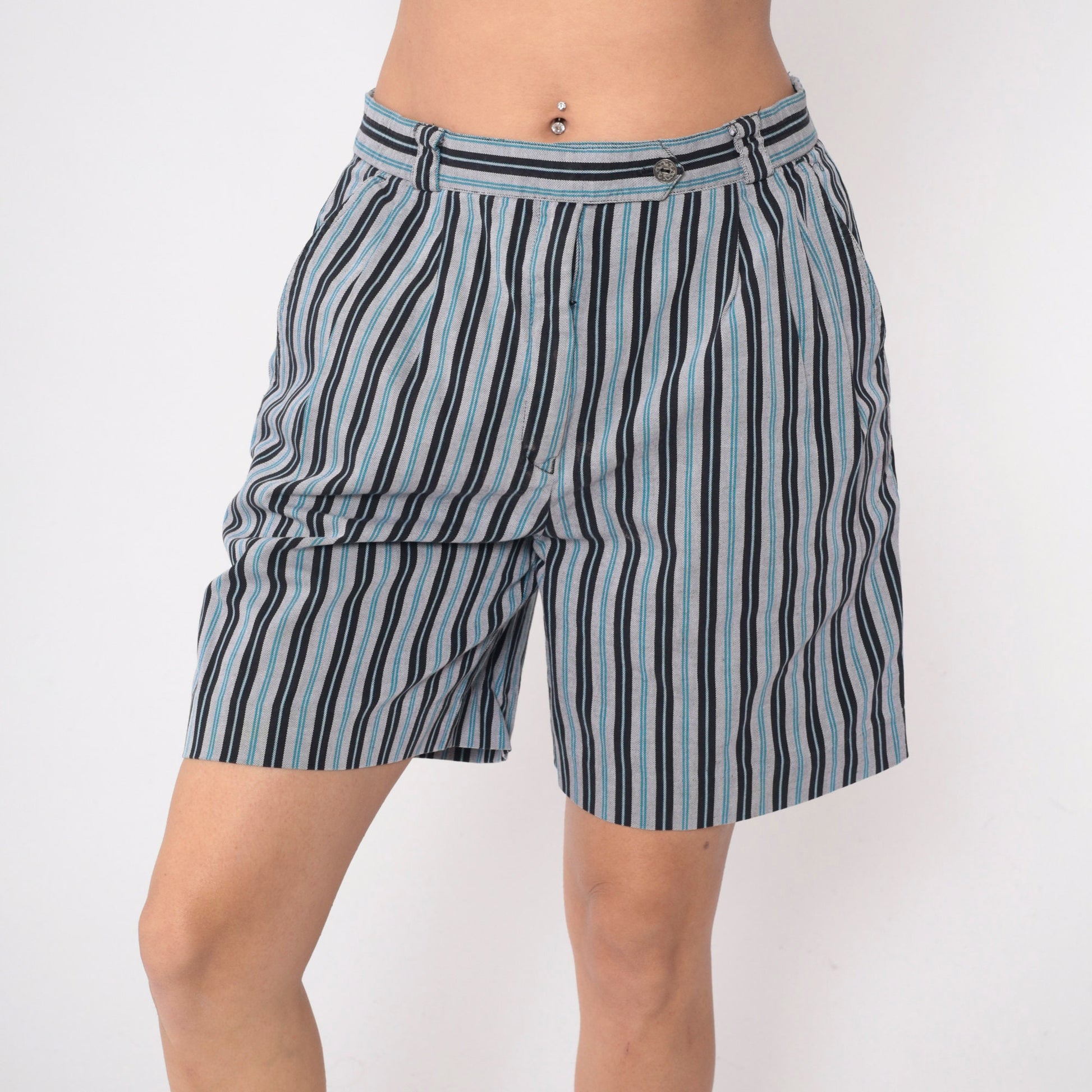 90s Head Sportswear Striped Shorts High Waist Pleated Blue White Black Medium