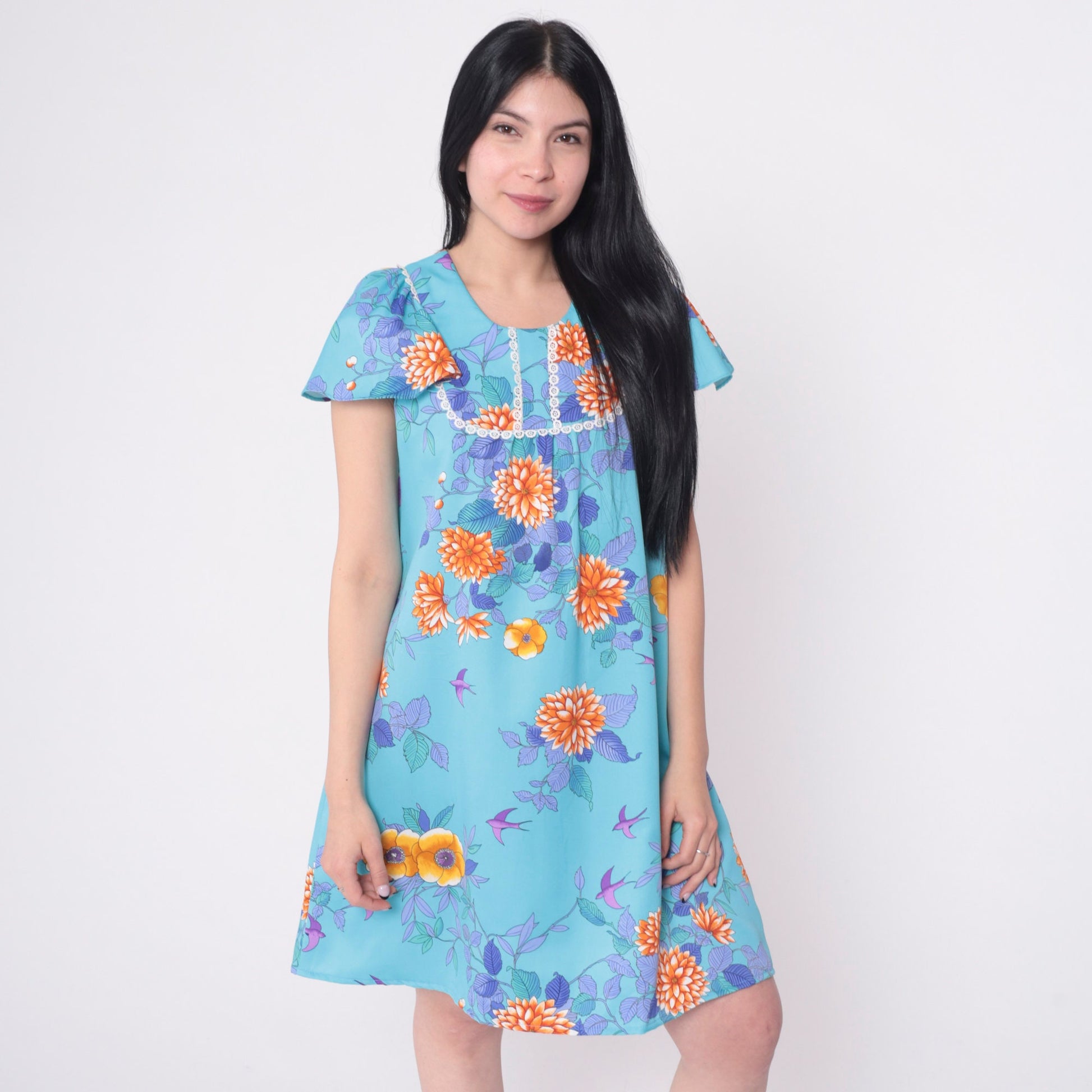70s Blue Floral Mini Dress Tropical Print Flutter Sleeve Shift Small